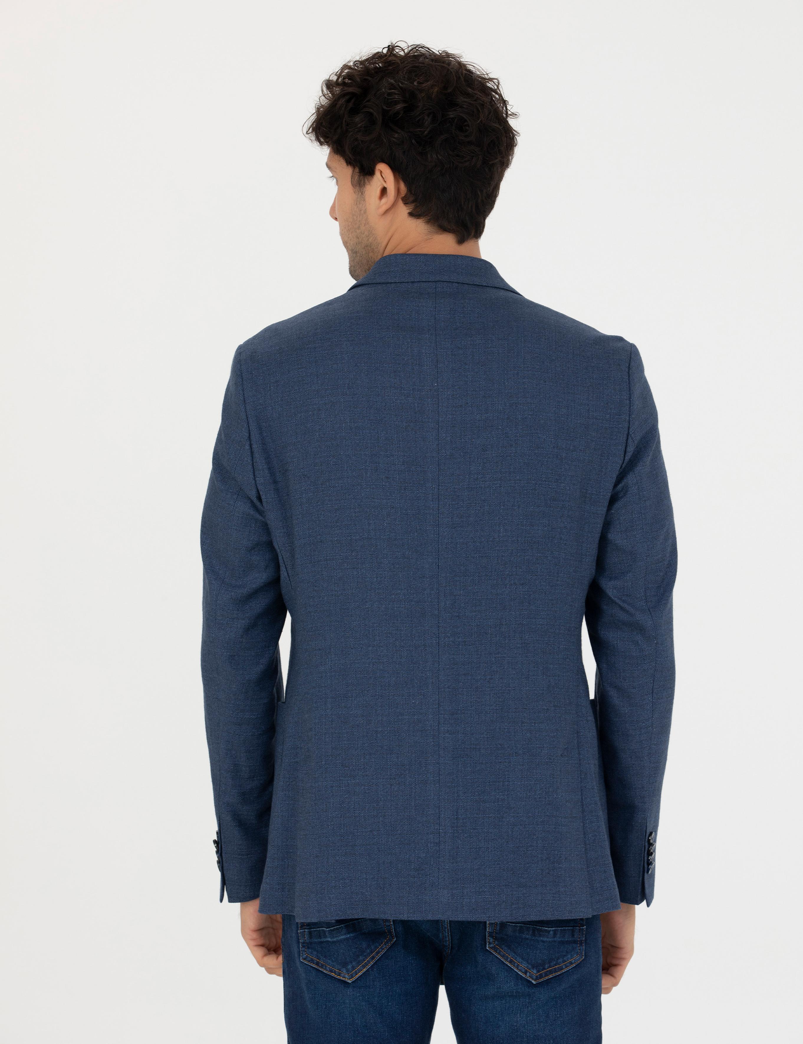 Açık Lacivert Slim Fit Keten Karışımlı Blazer Ceket