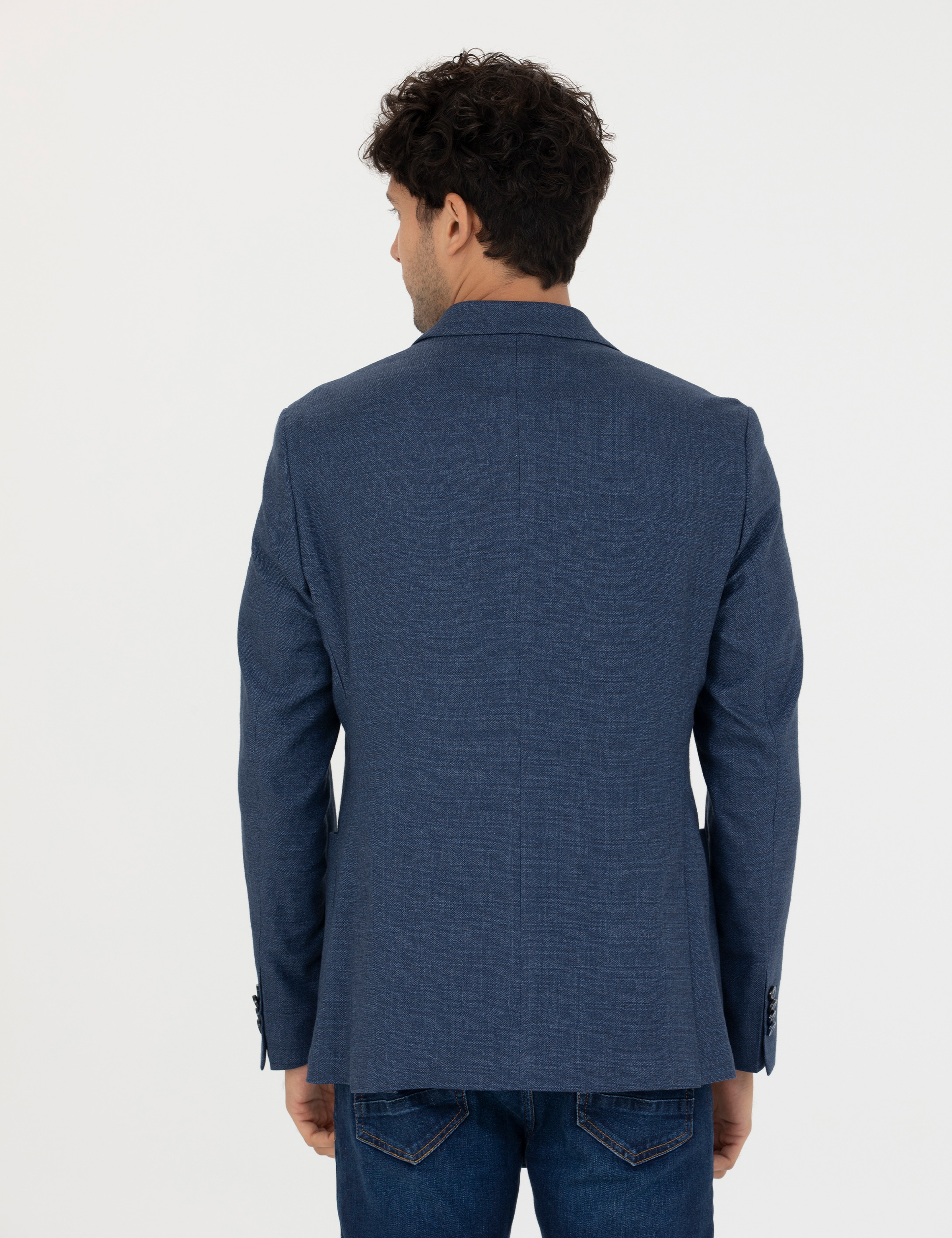 Açık Lacivert Slim Fit Keten Karışımlı Blazer Ceket - Image 5