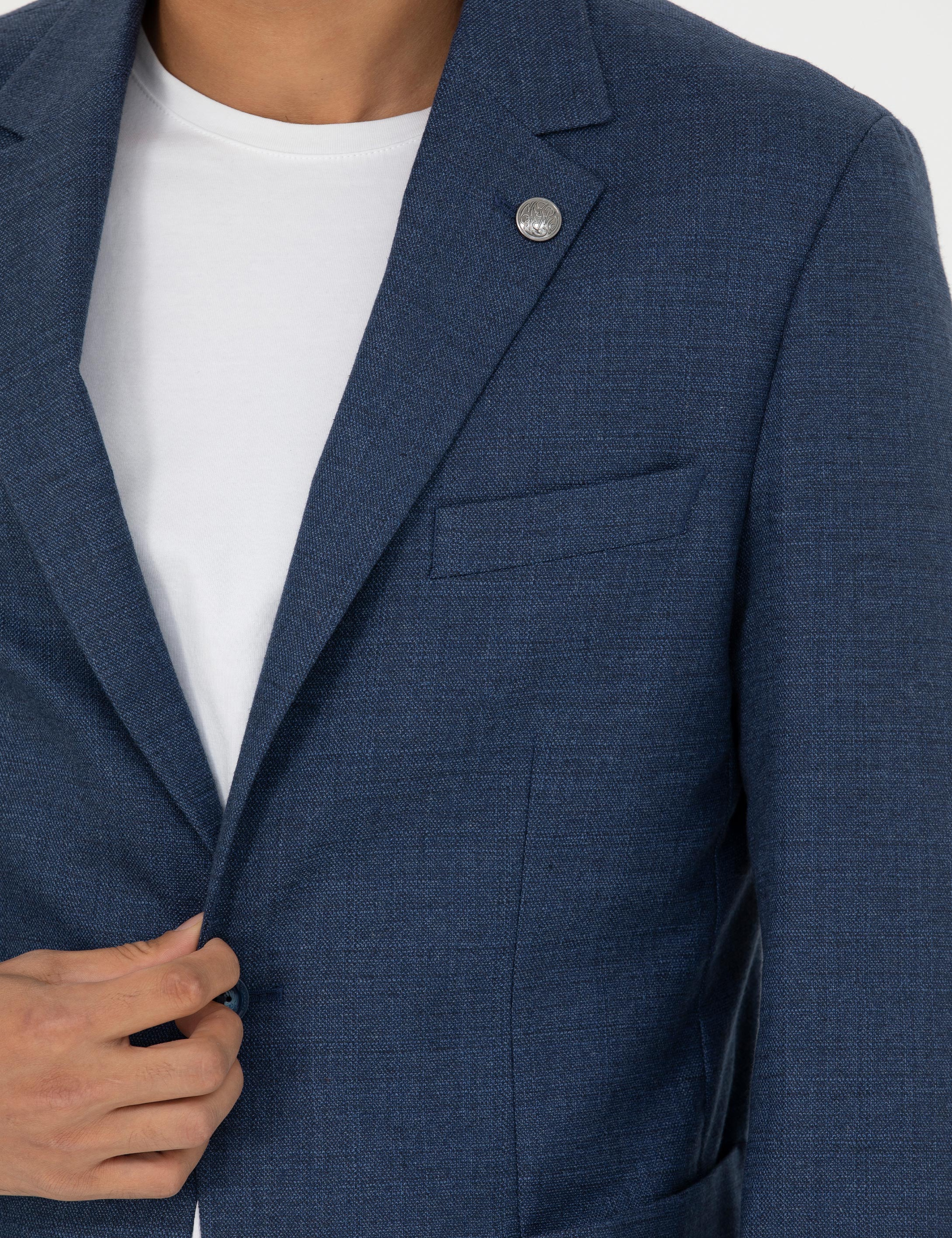 Açık Lacivert Slim Fit Keten Karışımlı Blazer Ceket - Image 7