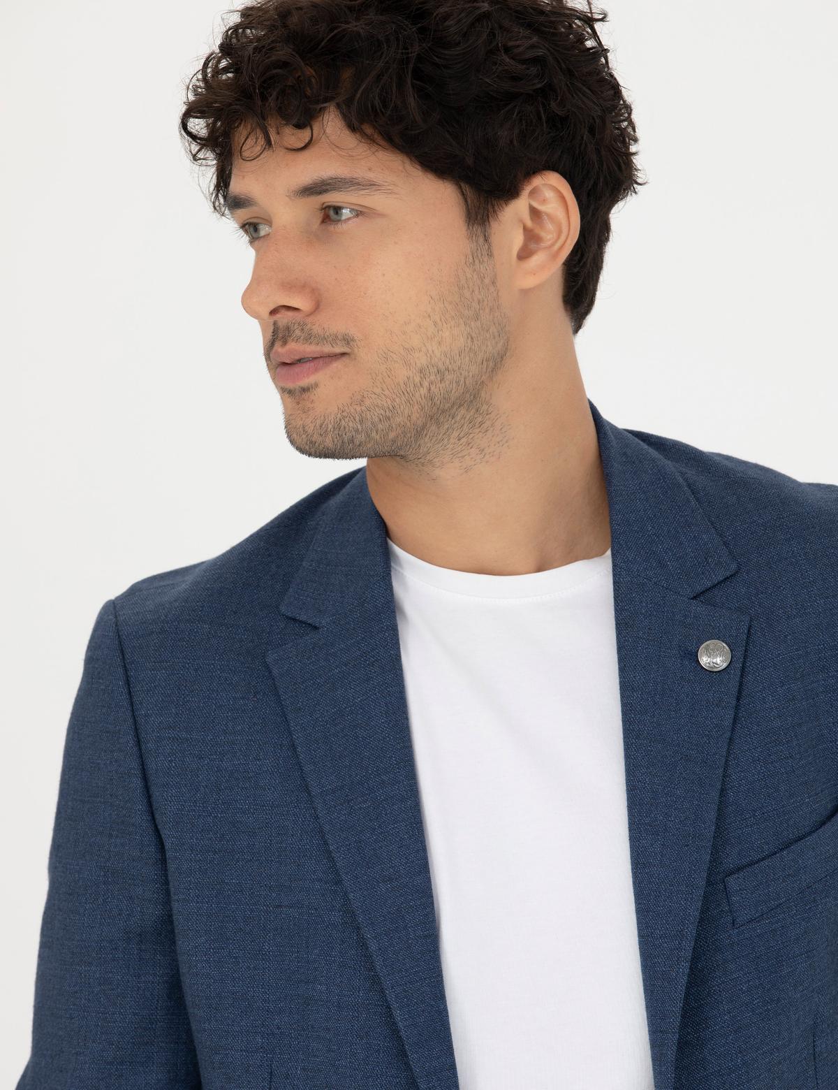 Açık Lacivert Slim Fit Keten Karışımlı Blazer Ceket - 50277318104