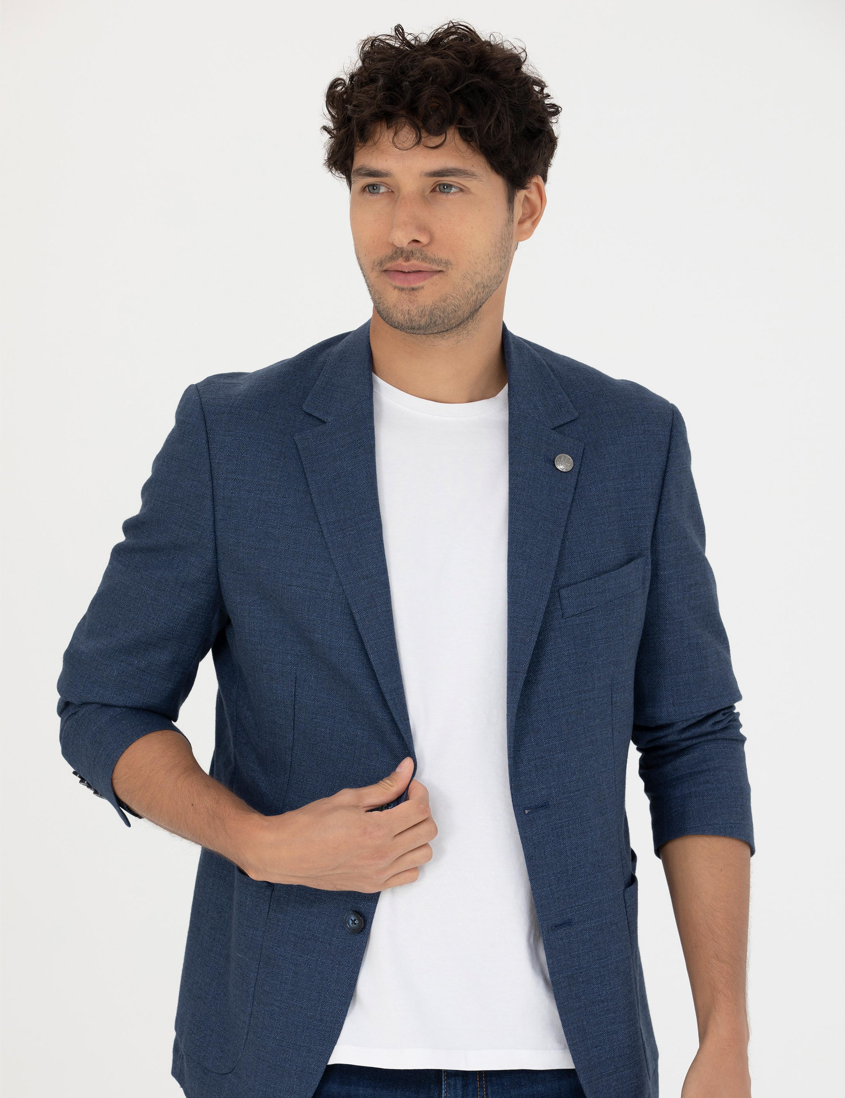 Açık Lacivert Slim Fit Keten Karışımlı Blazer Ceket