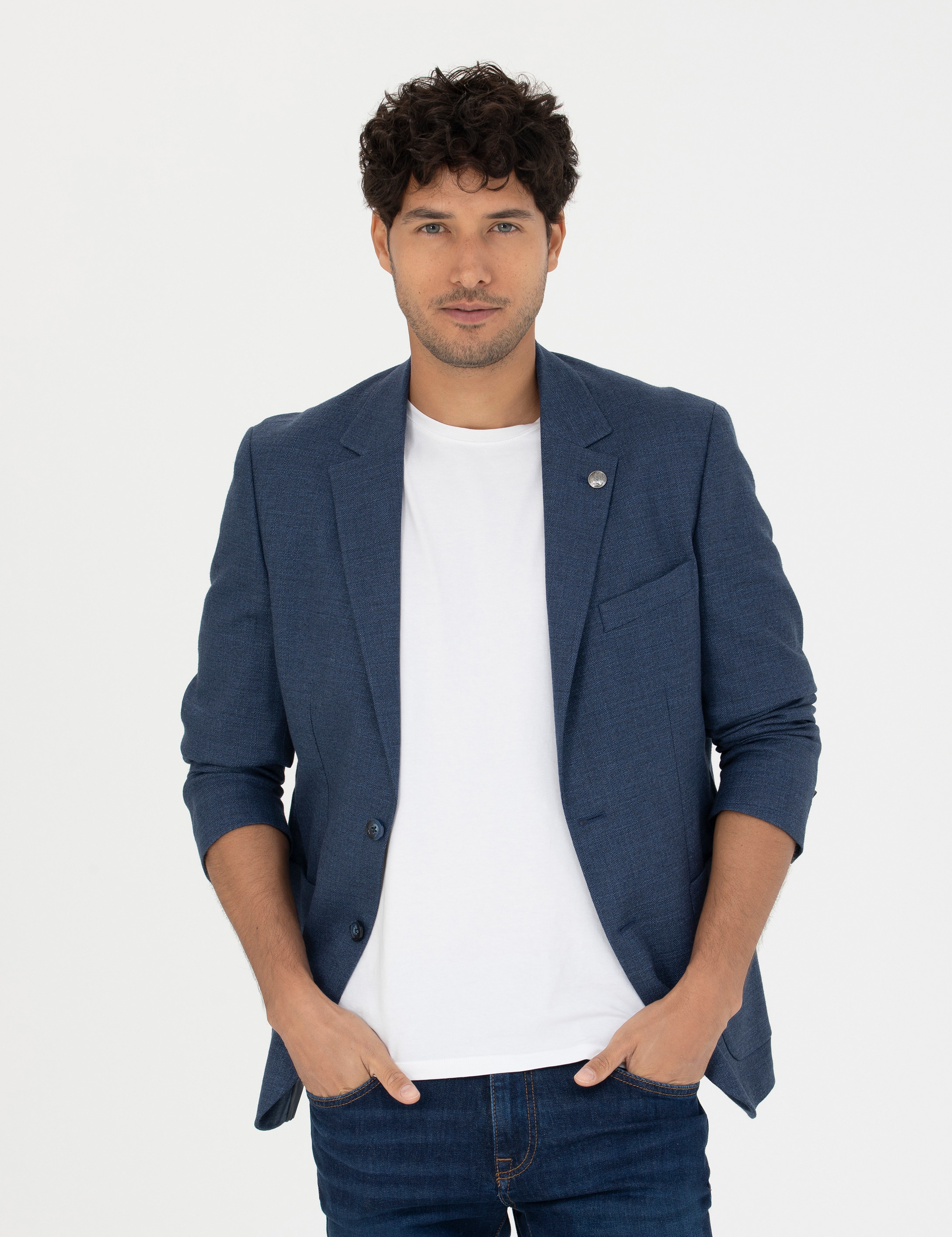 Açık Lacivert Slim Fit Keten Karışımlı Blazer Ceket - Image 1