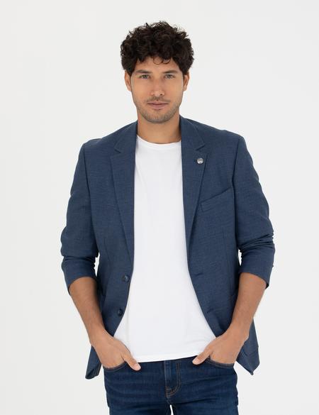 Açık Lacivert Slim Fit Keten Karışımlı Blazer Ceket - 50277318104