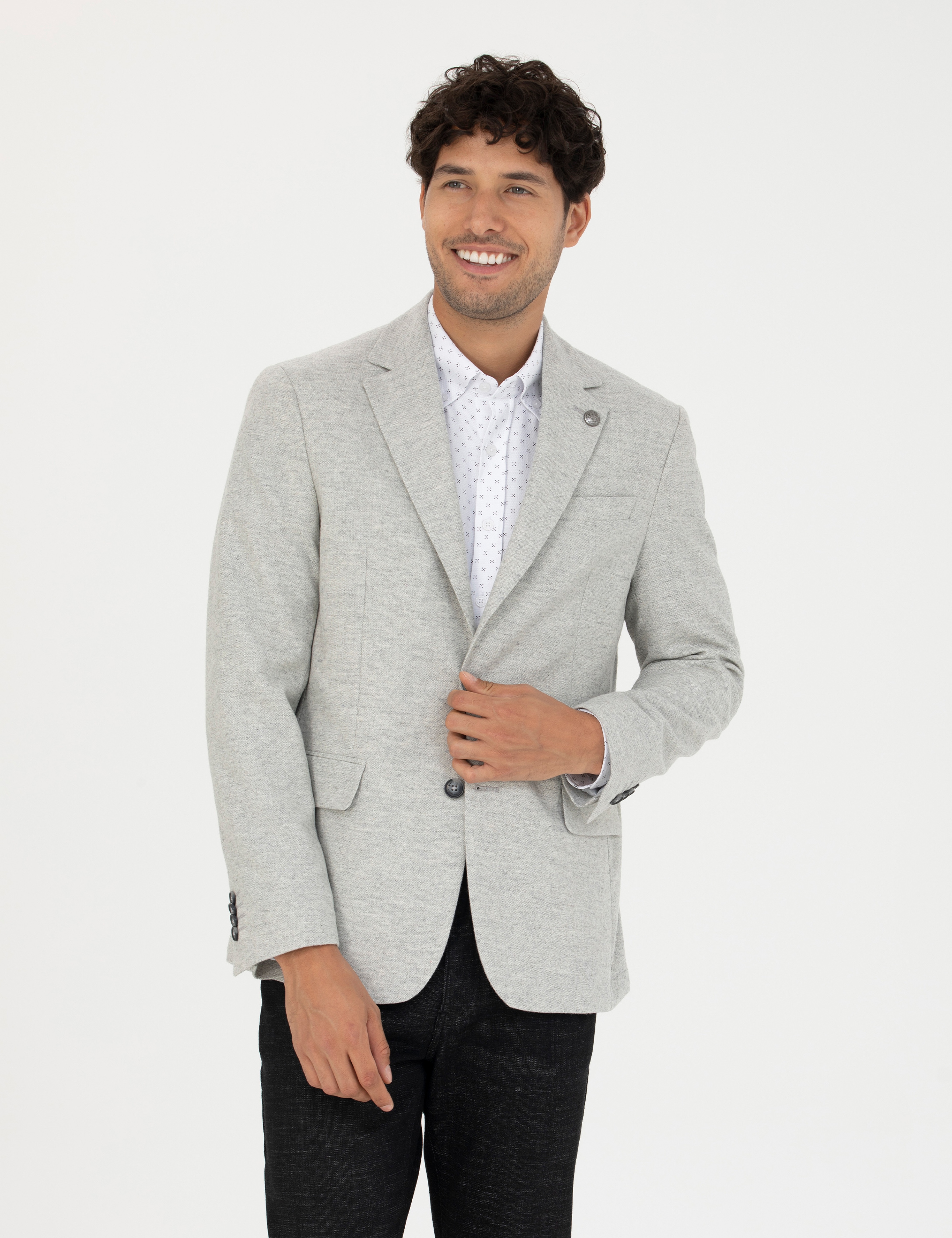 Açık Gri Yün Karışımlı Slim Fit Ceket - Image 1