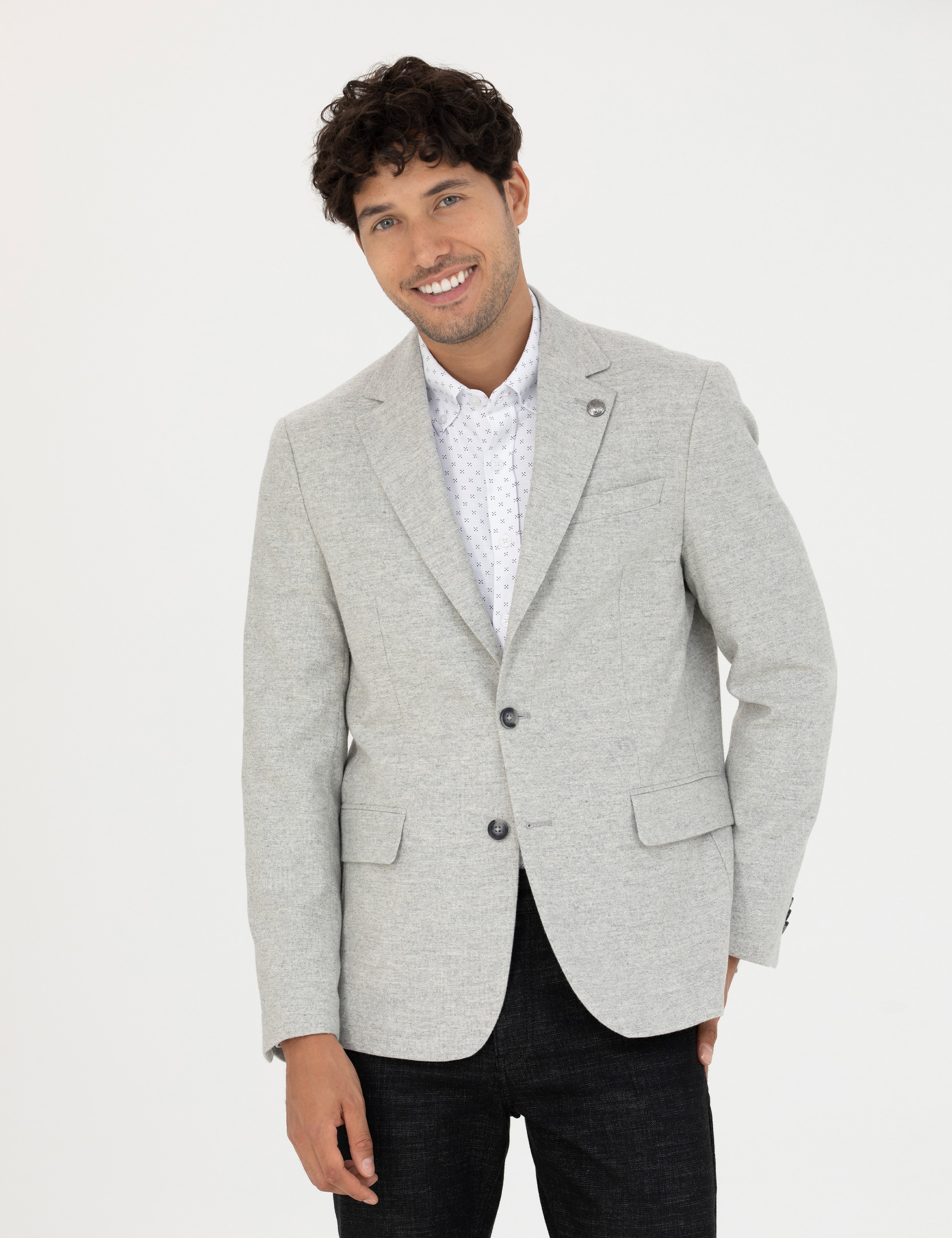 Açık Gri Yün Karışımlı Slim Fit Ceket