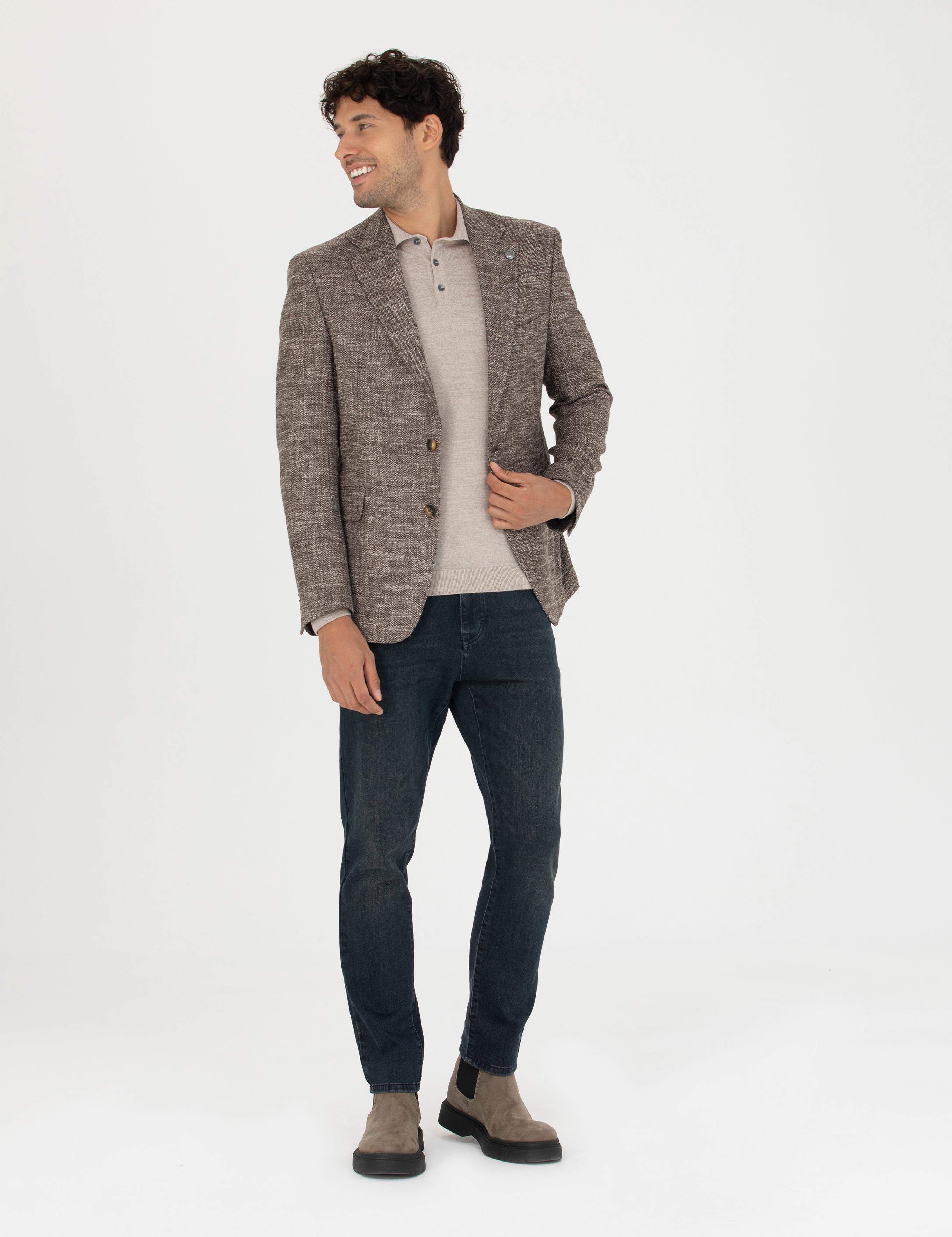 Kahverengi Slim Fit Yün Karışımlı Ceket