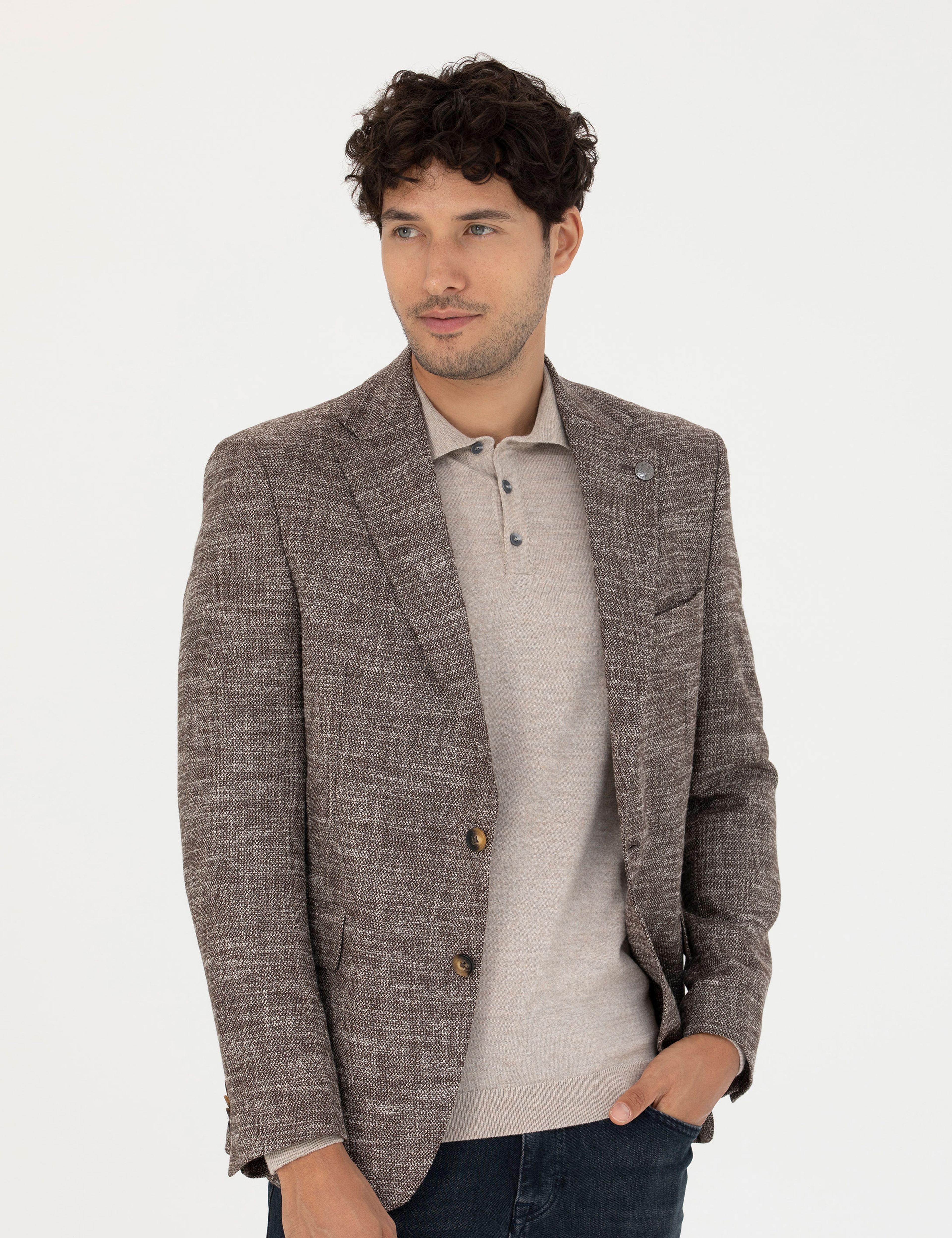 Kahverengi Slim Fit Yün Karışımlı Ceket - Image 3