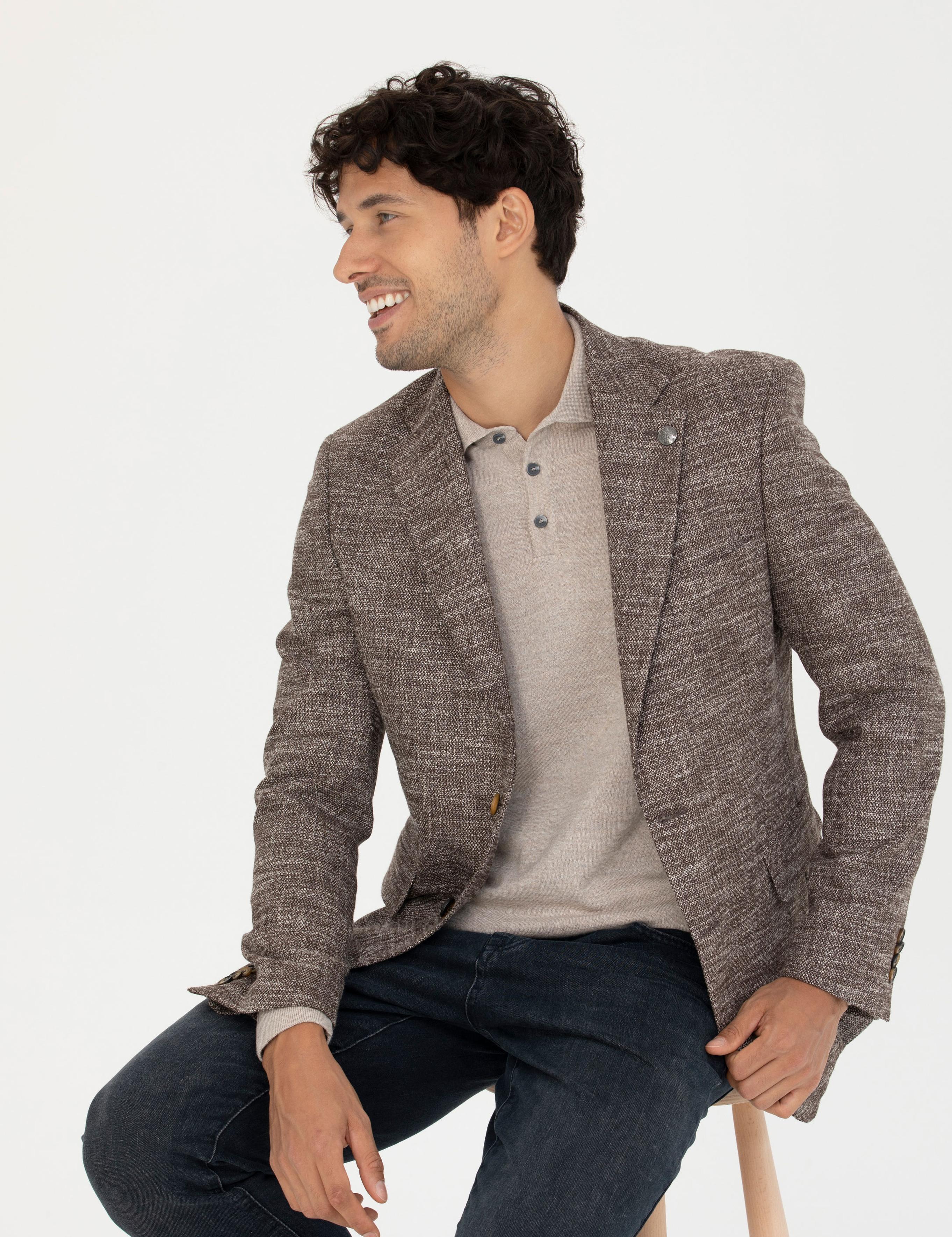 Kahverengi Slim Fit Yün Karışımlı Ceket