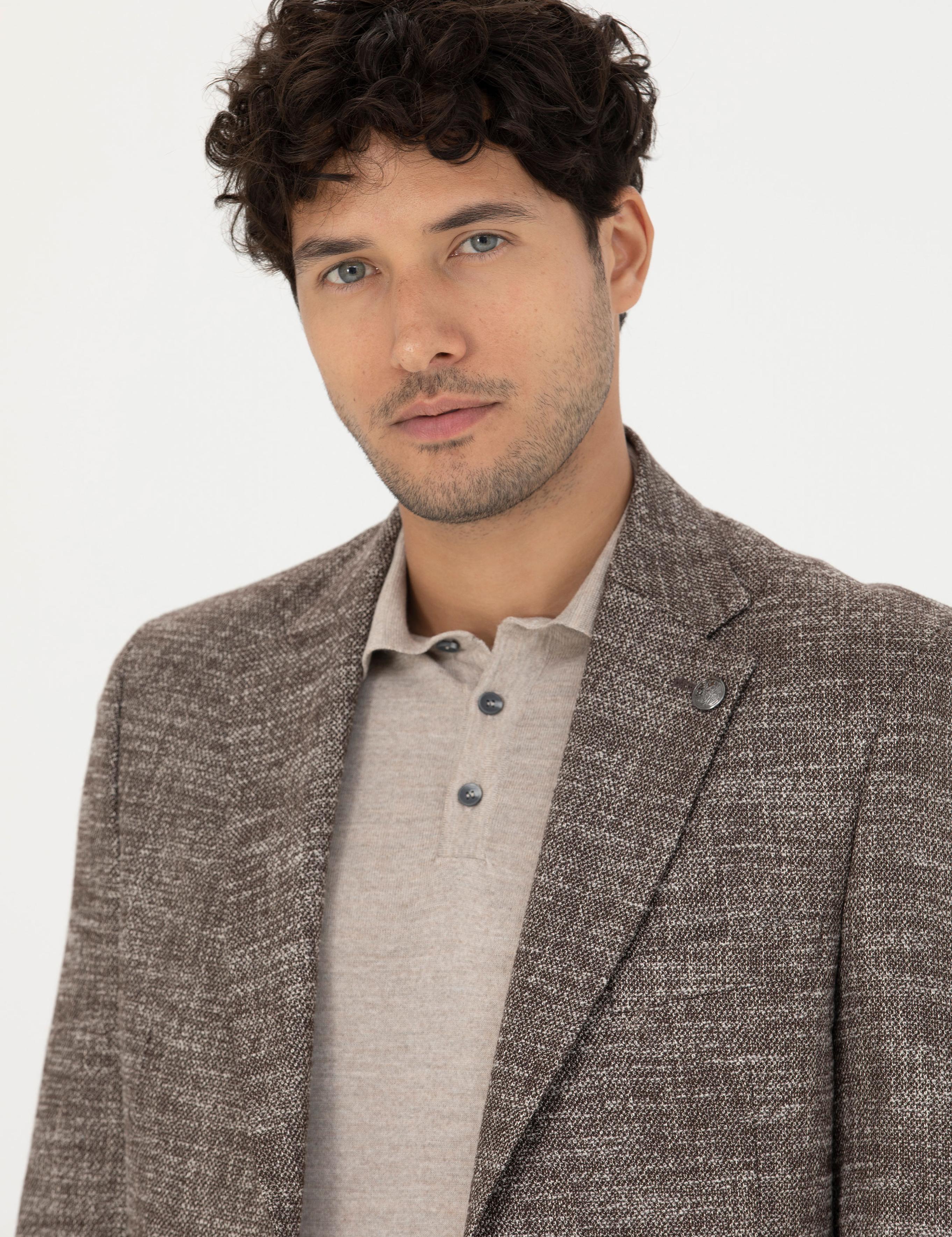 Kahverengi Slim Fit Yün Karışımlı Ceket