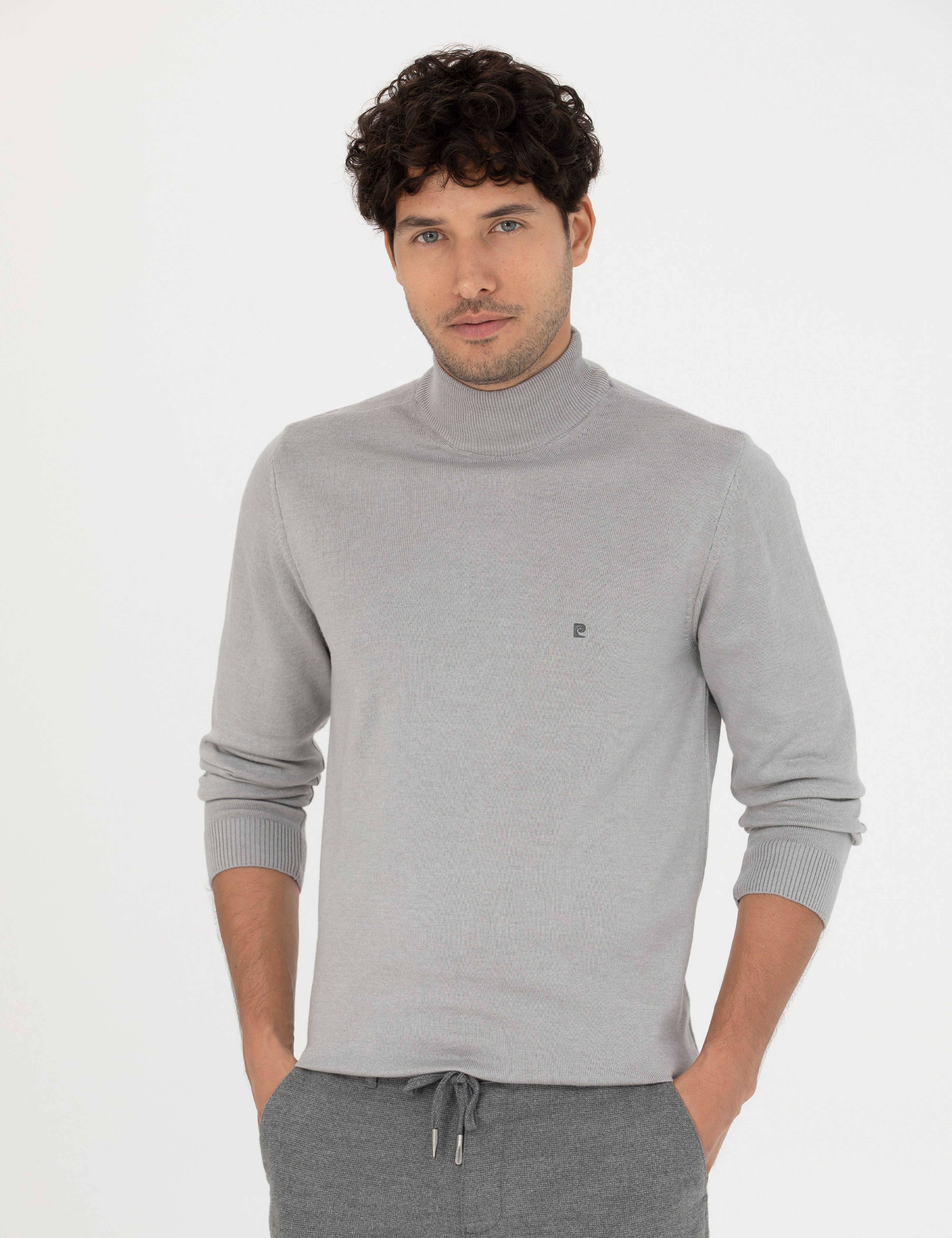 Açık Gri Melanj Slim Fit Yarım Balıkçı Basic Triko Kazak - Image 1