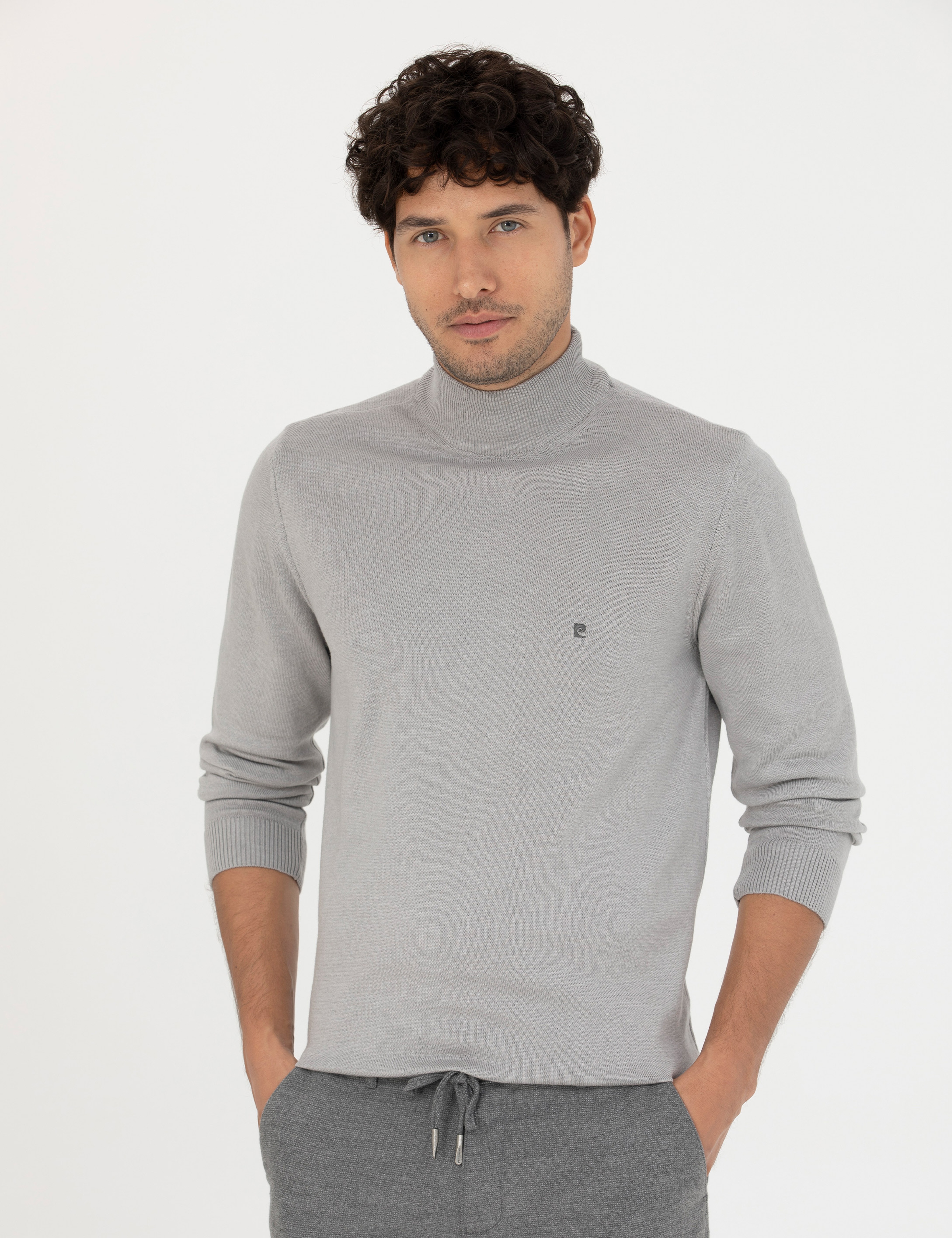 Açık Gri Melanj Slim Fit Yarım Balıkçı Basic Triko Kazak