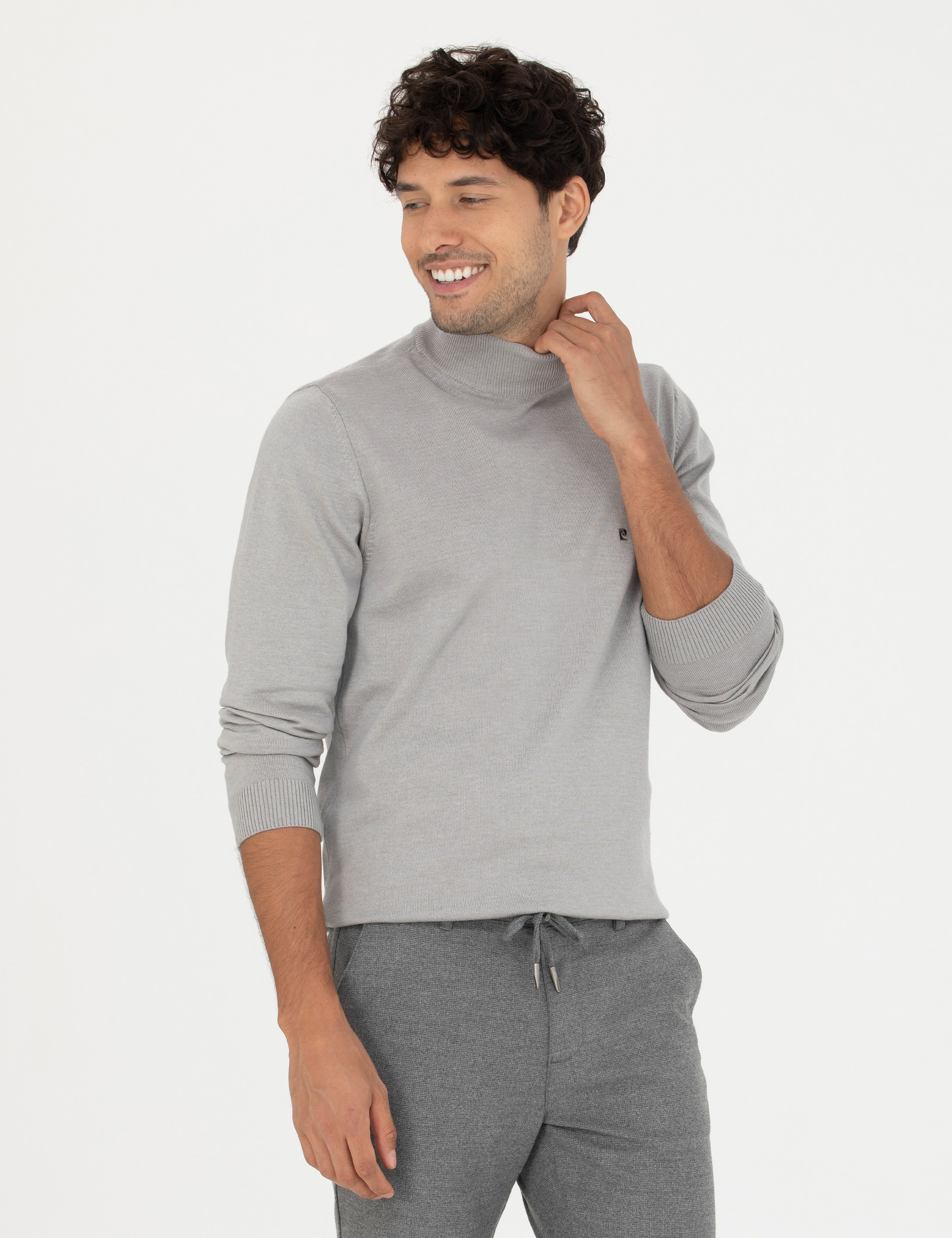Açık Gri Melanj Slim Fit Yarım Balıkçı Basic Triko Kazak