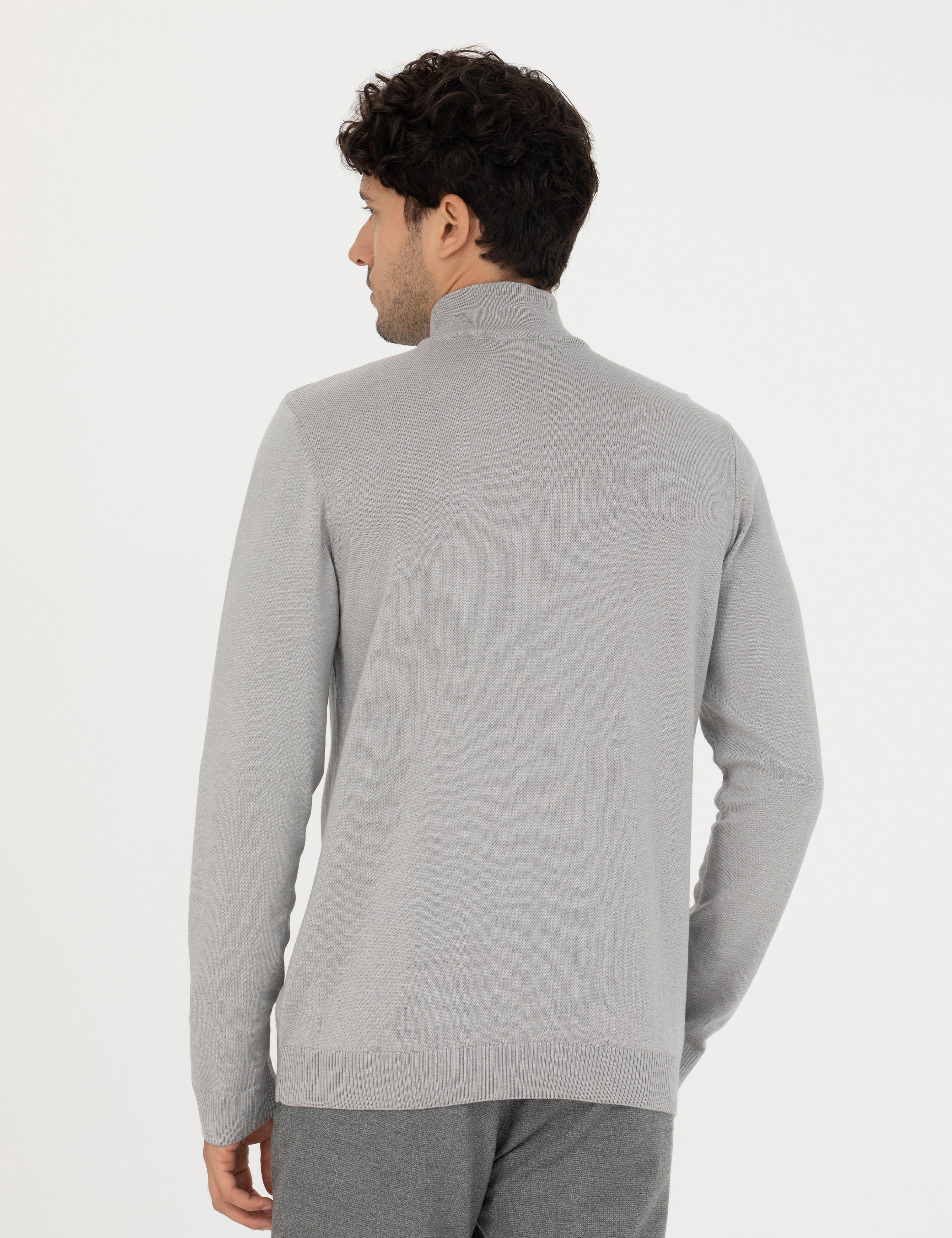 Açık Gri Melanj Slim Fit Yarım Balıkçı Basic Triko Kazak
