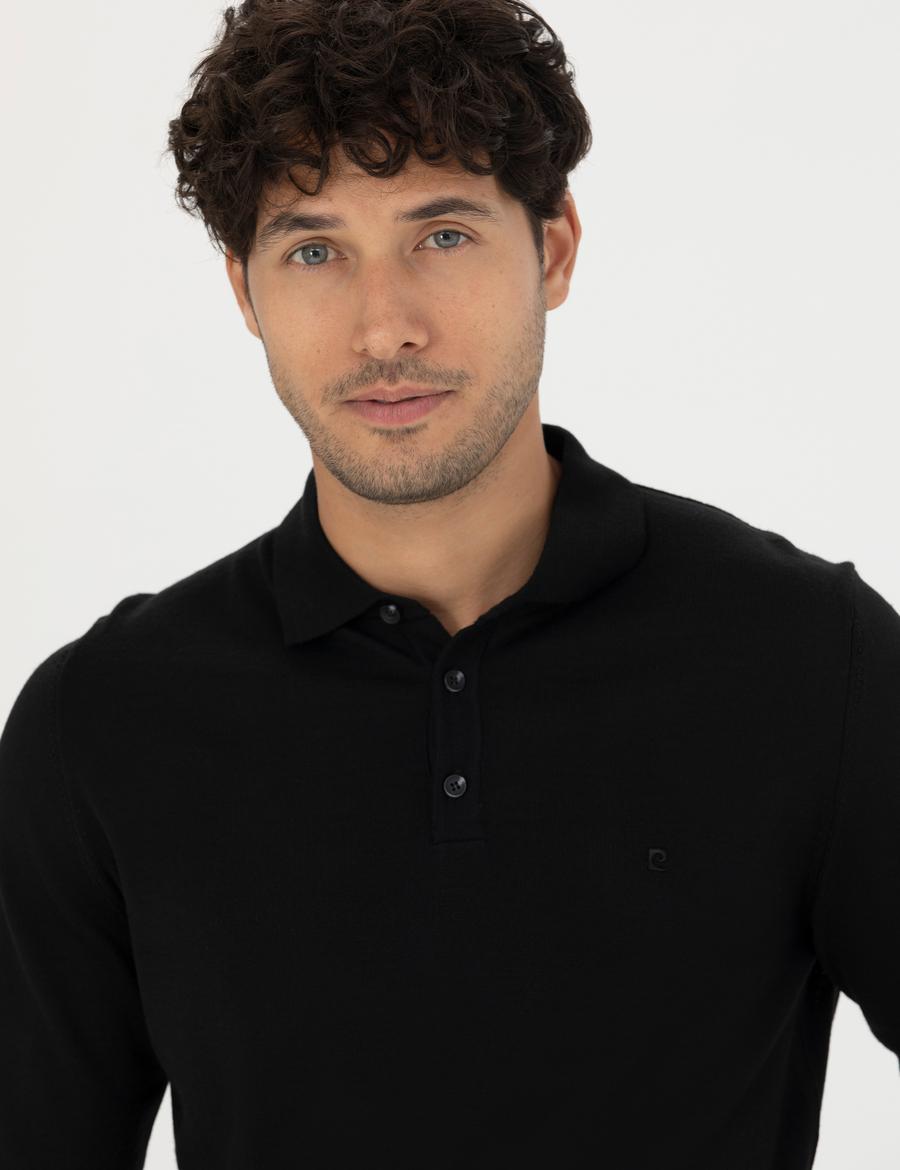 Siyah Regular Fit Polo Yaka Yün Karışımlı Basic Triko Kazak