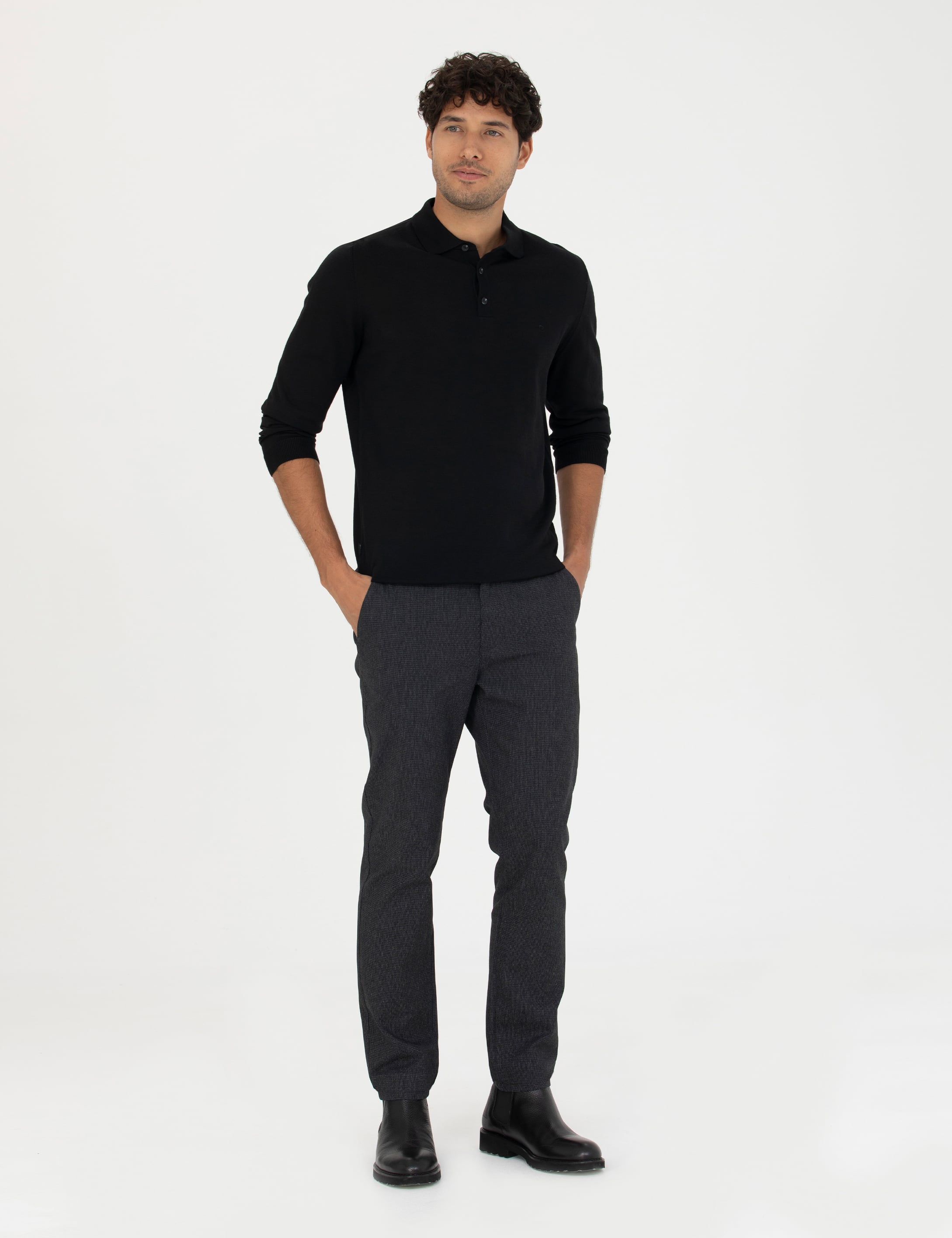 Pierre Cardin Siyah Regular Fit Polo Yaka Yün Karışımlı Basic Triko Kazak görsel 4