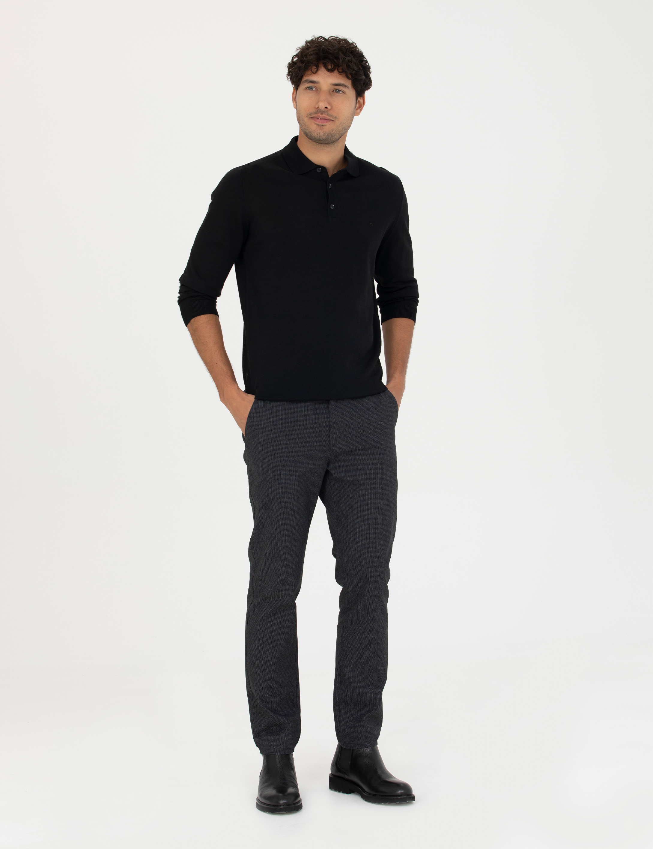 Siyah Regular Fit Polo Yaka Yün Karışımlı Basic Triko Kazak