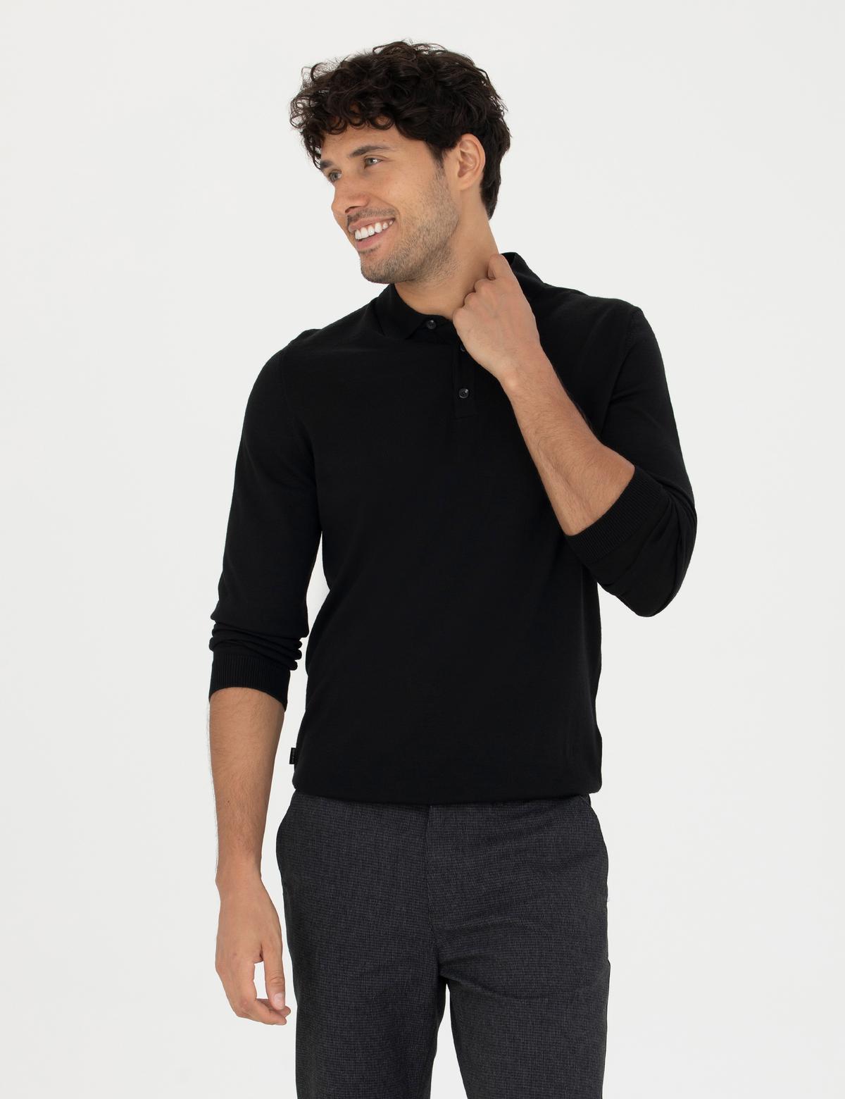 Siyah Regular Fit Polo Yaka Yün Karışımlı Basic Triko Kazak