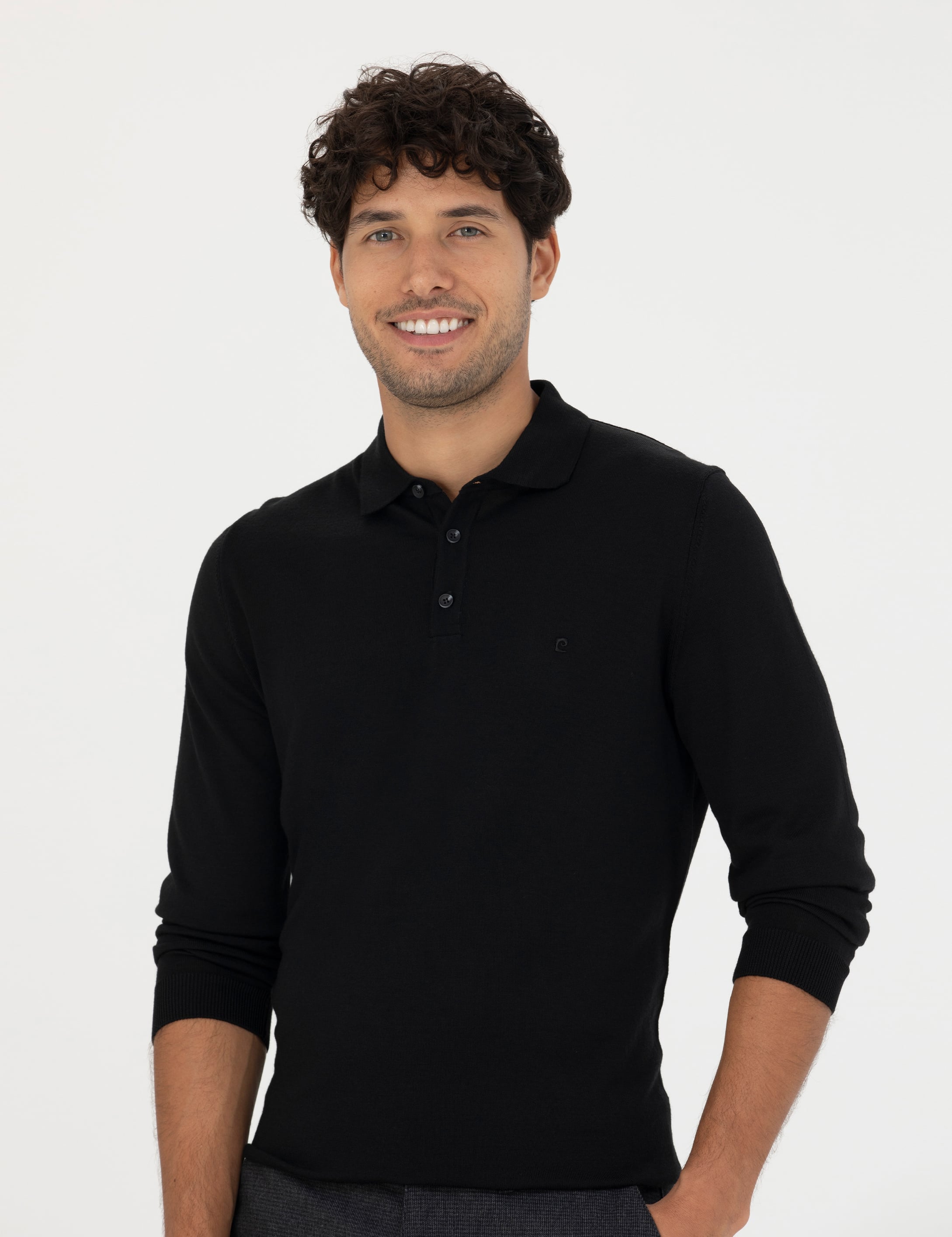 Pierre Cardin Siyah Regular Fit Polo Yaka Yün Karışımlı Basic Triko Kazak görsel 3