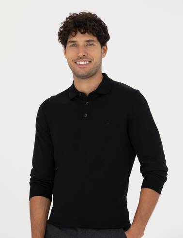 Siyah Regular Fit Polo Yaka Yün Karışımlı Basic Triko Kazak