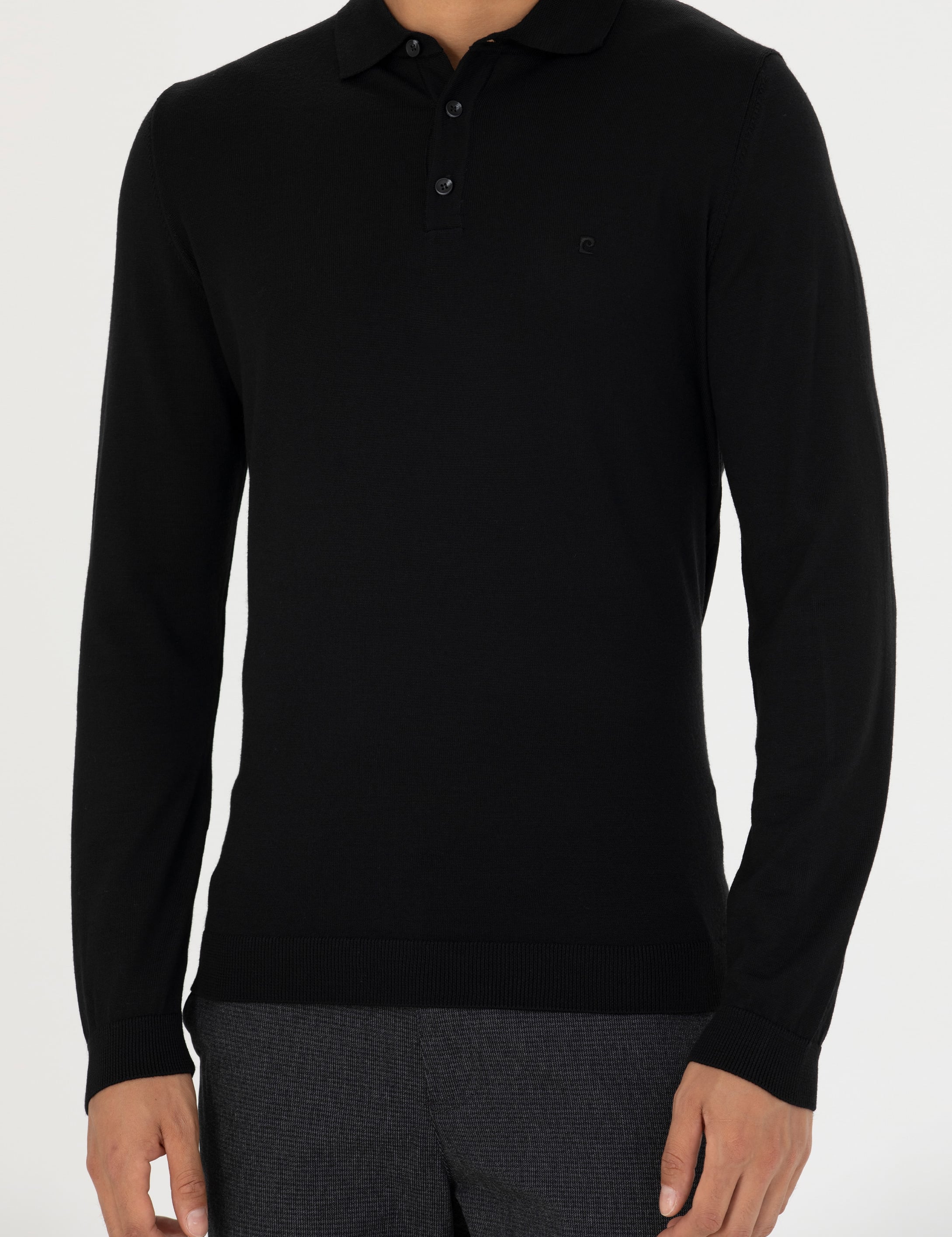 Siyah Regular Fit Polo Yaka Yün Karışımlı Basic Triko Kazak