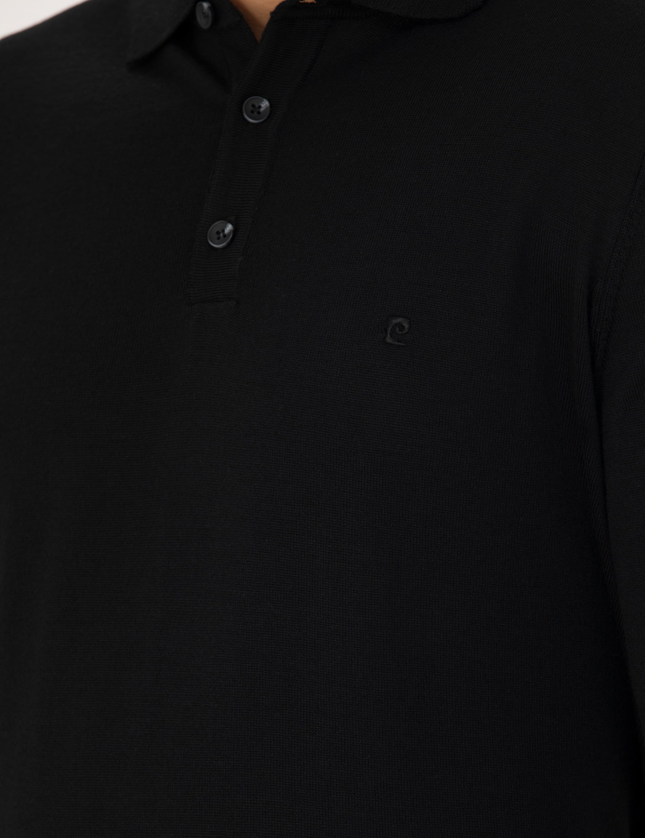 Siyah Regular Fit Polo Yaka Yün Karışımlı Basic Triko Kazak