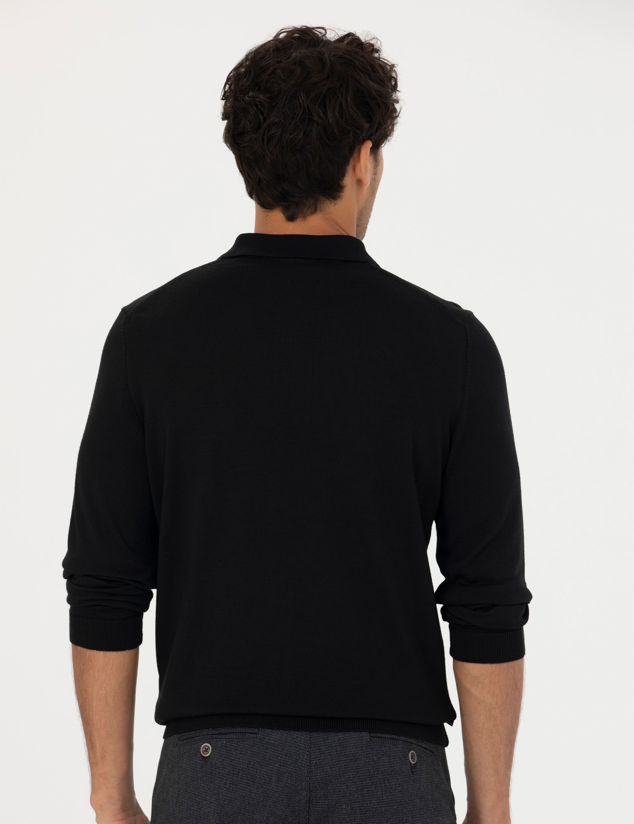 Pierre Cardin Siyah Regular Fit Polo Yaka Yün Karışımlı Basic Triko Kazak görsel 5