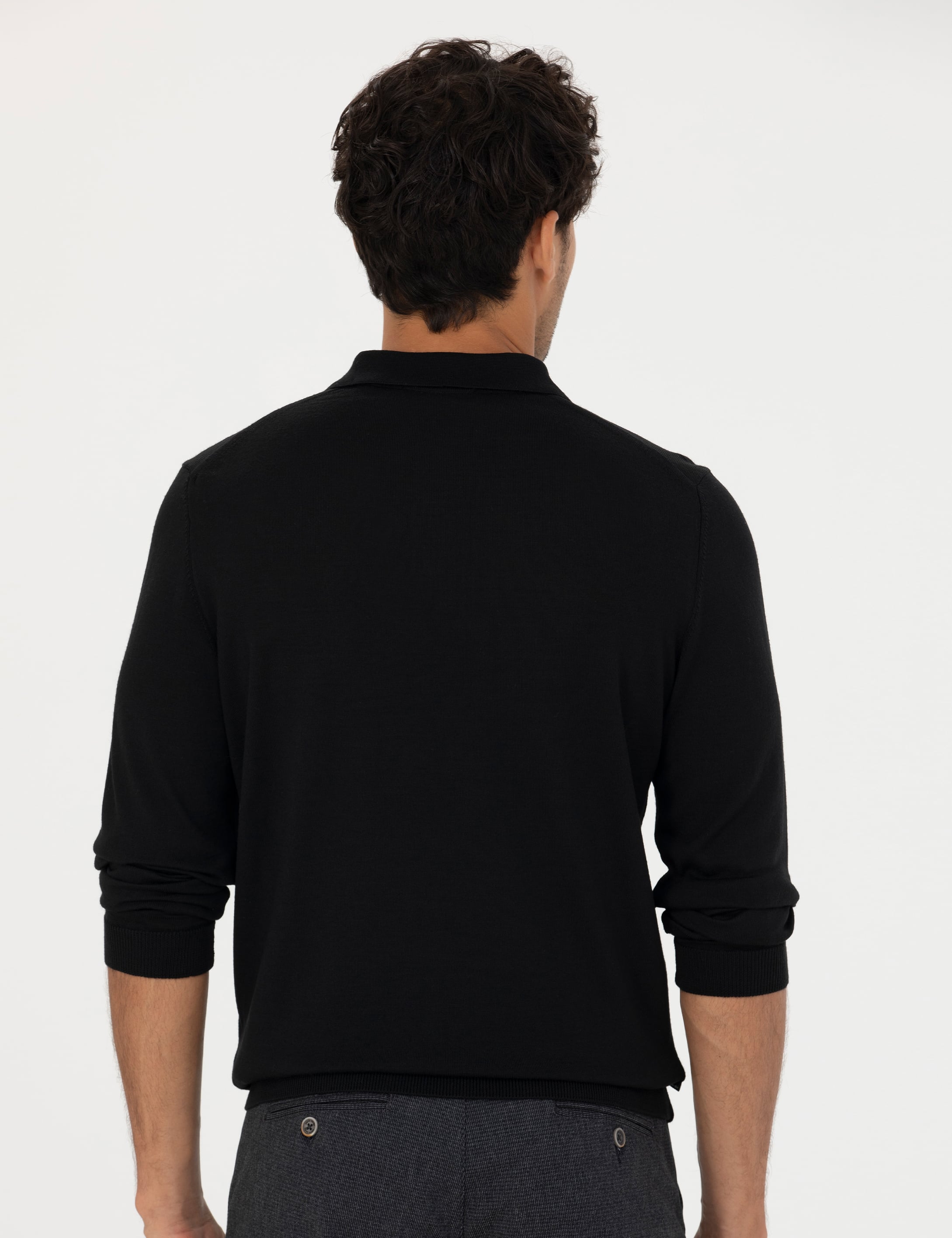 Siyah Regular Fit Polo Yaka Yün Karışımlı Basic Triko Kazak