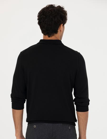 Siyah Regular Fit Polo Yaka Yün Karışımlı Basic Triko Kazak - 50270051031