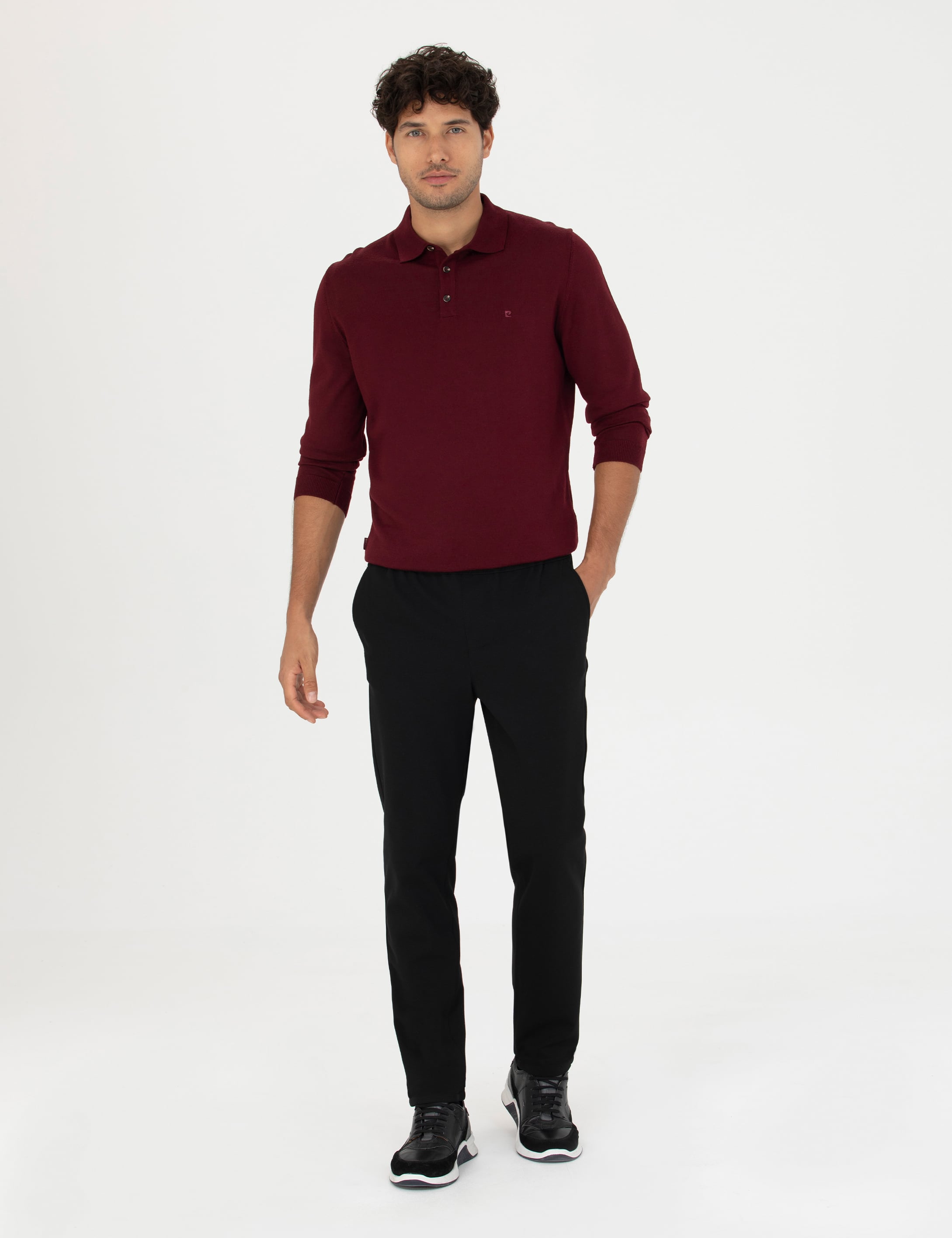 Kırmızı Regular Fit Polo Yaka Yün Karışımlı Basic Triko Kazak