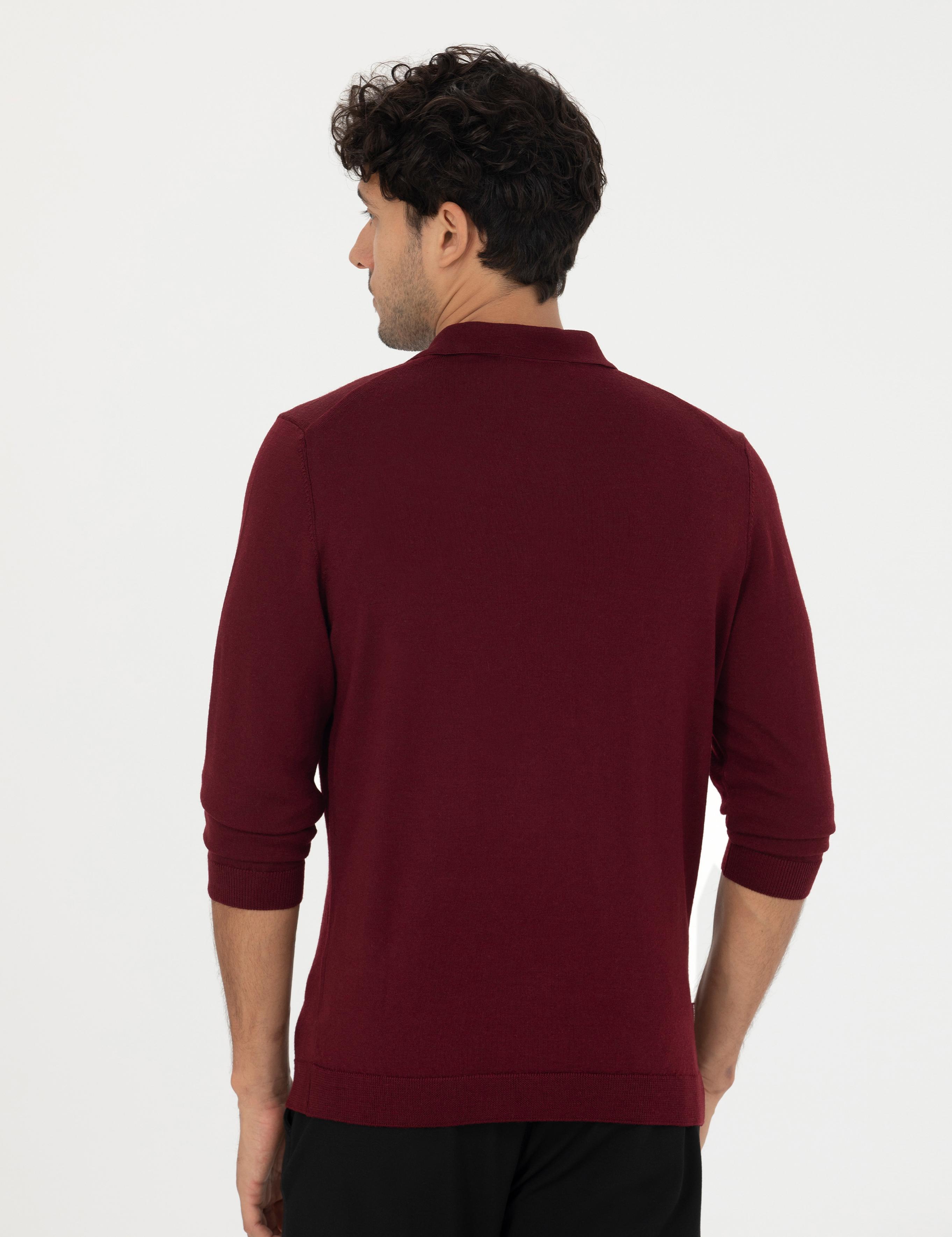 Kırmızı Regular Fit Polo Yaka Yün Karışımlı Basic Triko Kazak