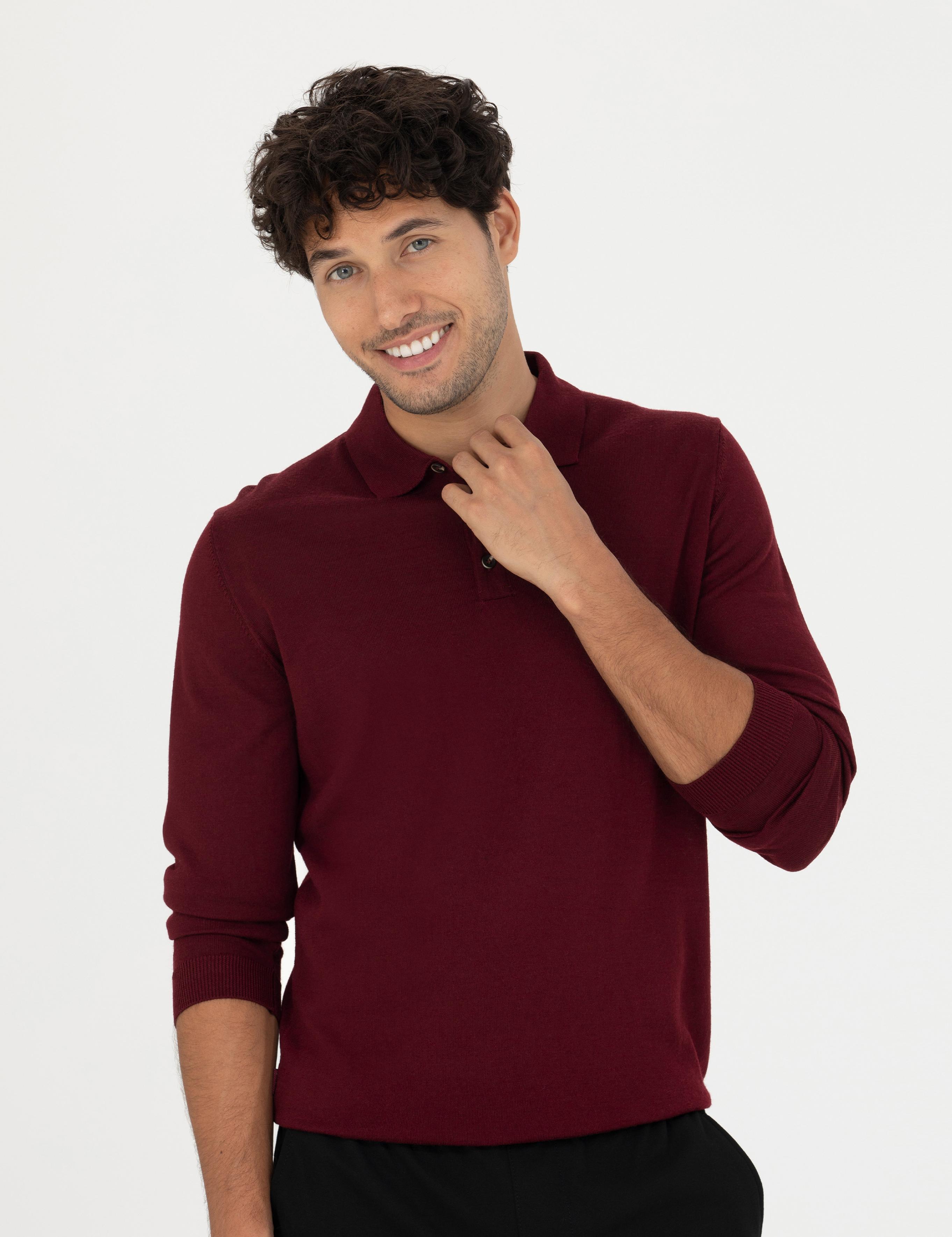 Kırmızı Regular Fit Polo Yaka Yün Karışımlı Basic Triko Kazak