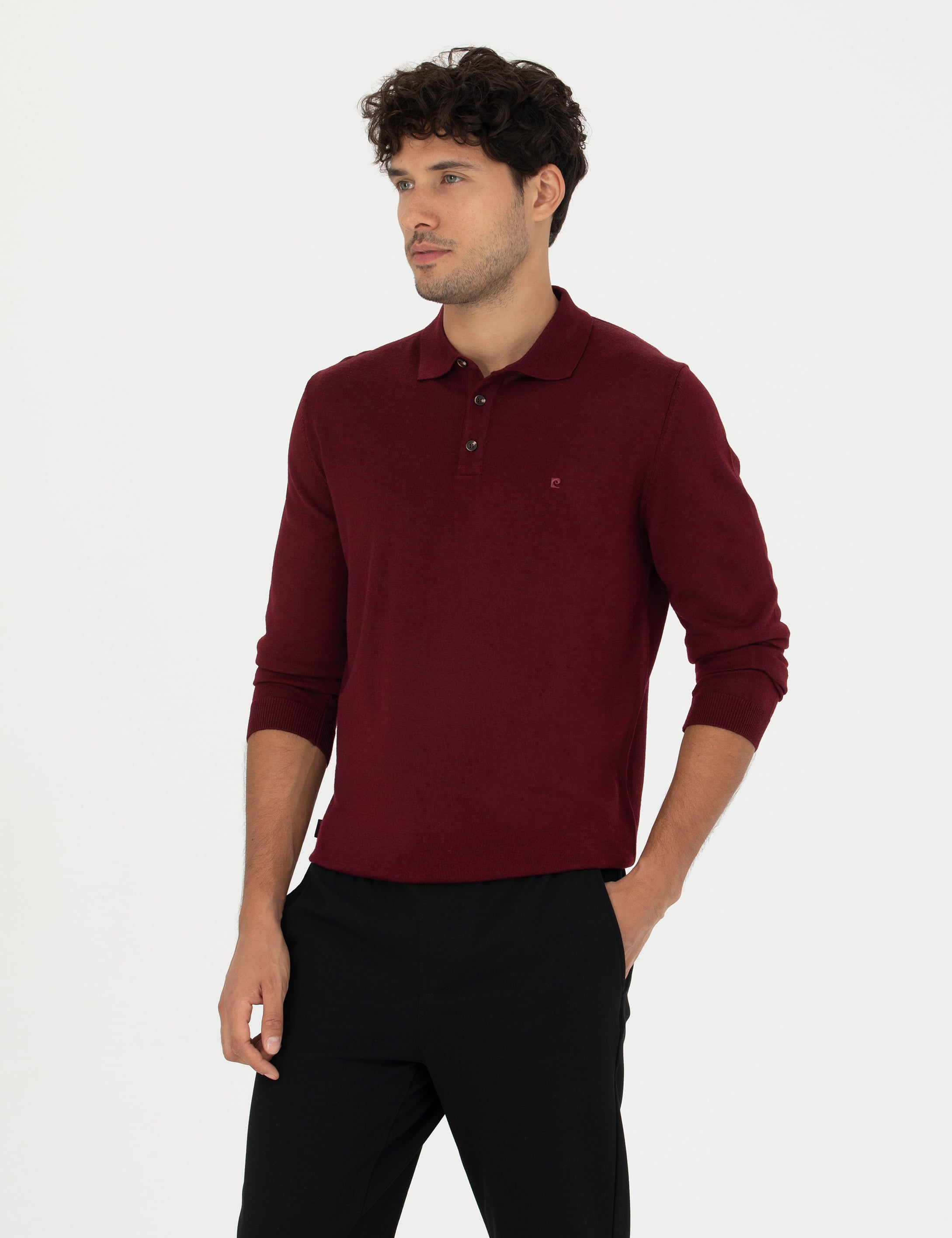 Kırmızı Regular Fit Polo Yaka Yün Karışımlı Basic Triko Kazak - Image 1