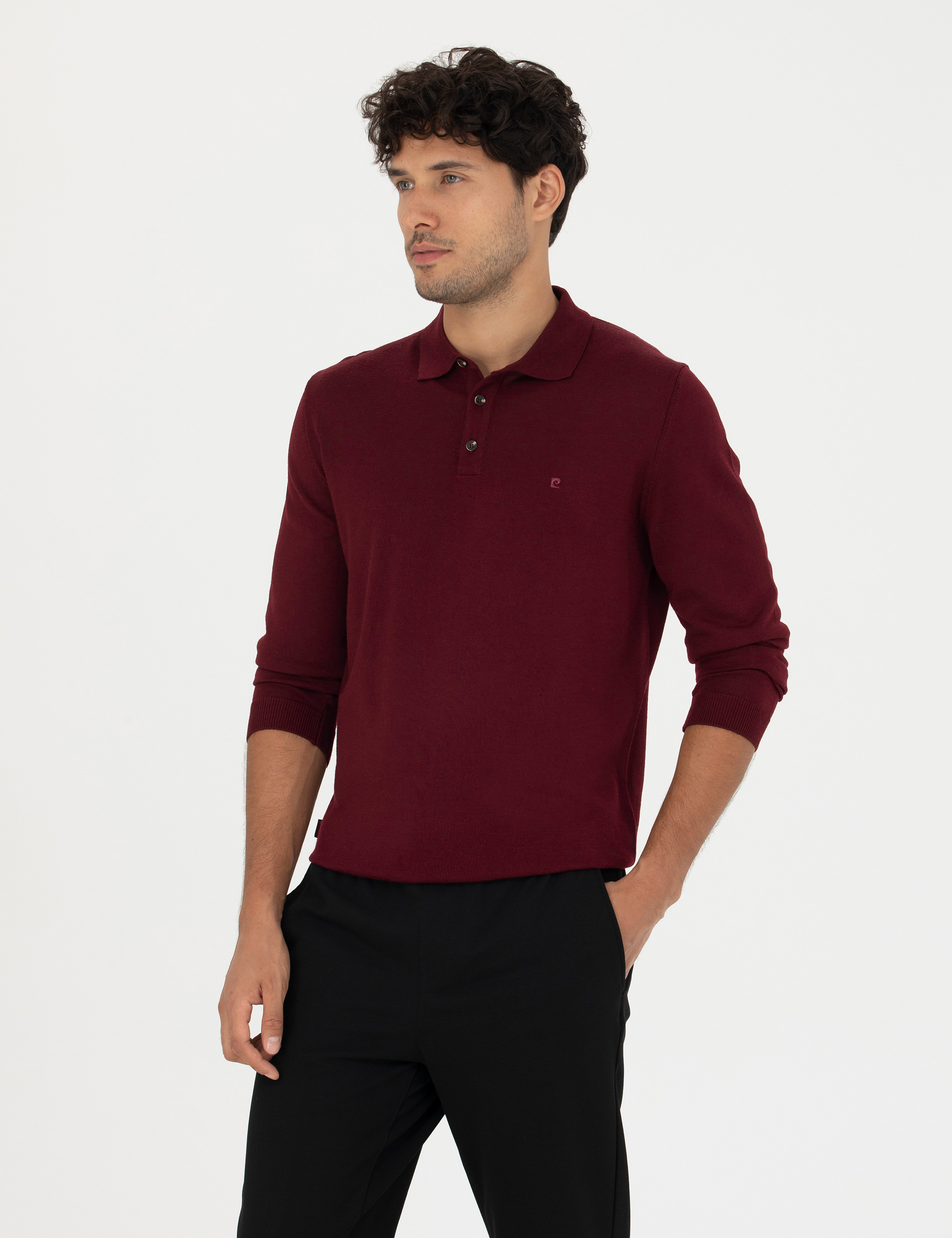 Kırmızı Regular Fit Polo Yaka Yün Karışımlı Basic Triko Kazak