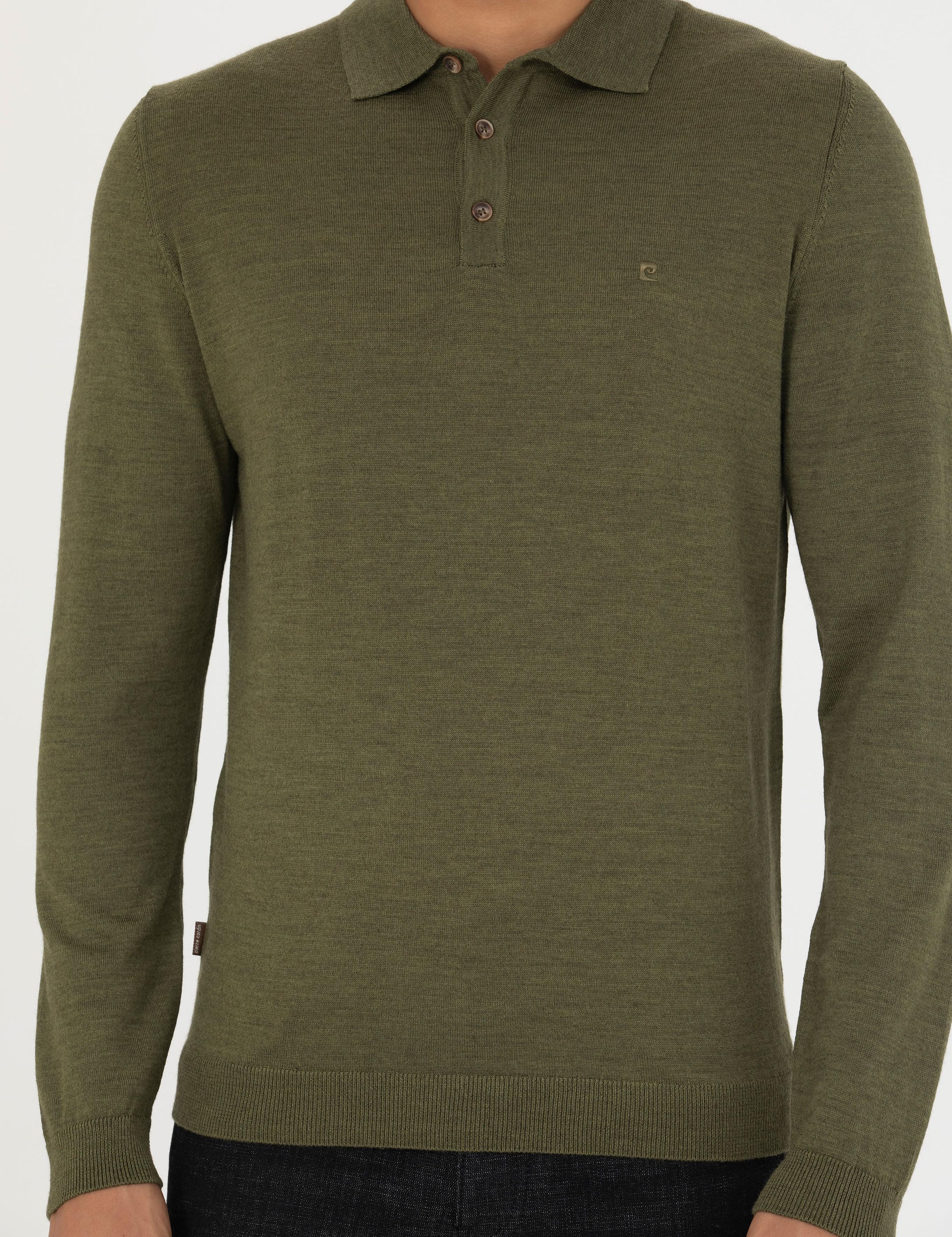 Açık Yeşil Regular Fit Polo Yaka Yün Karışımlı Basic Triko Kazak