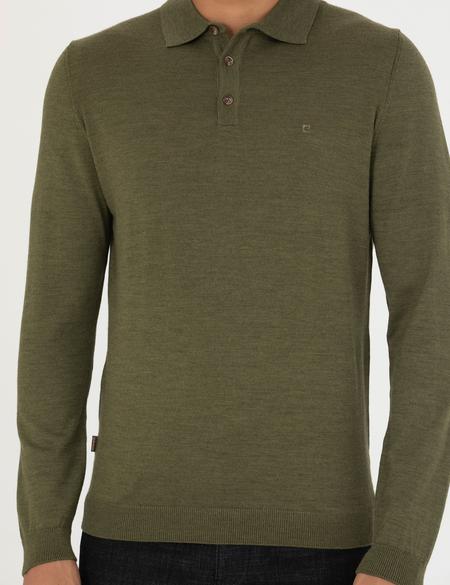 Açık Yeşil Regular Fit Polo Yaka Yün Karışımlı Basic Triko Kazak - 50270051063