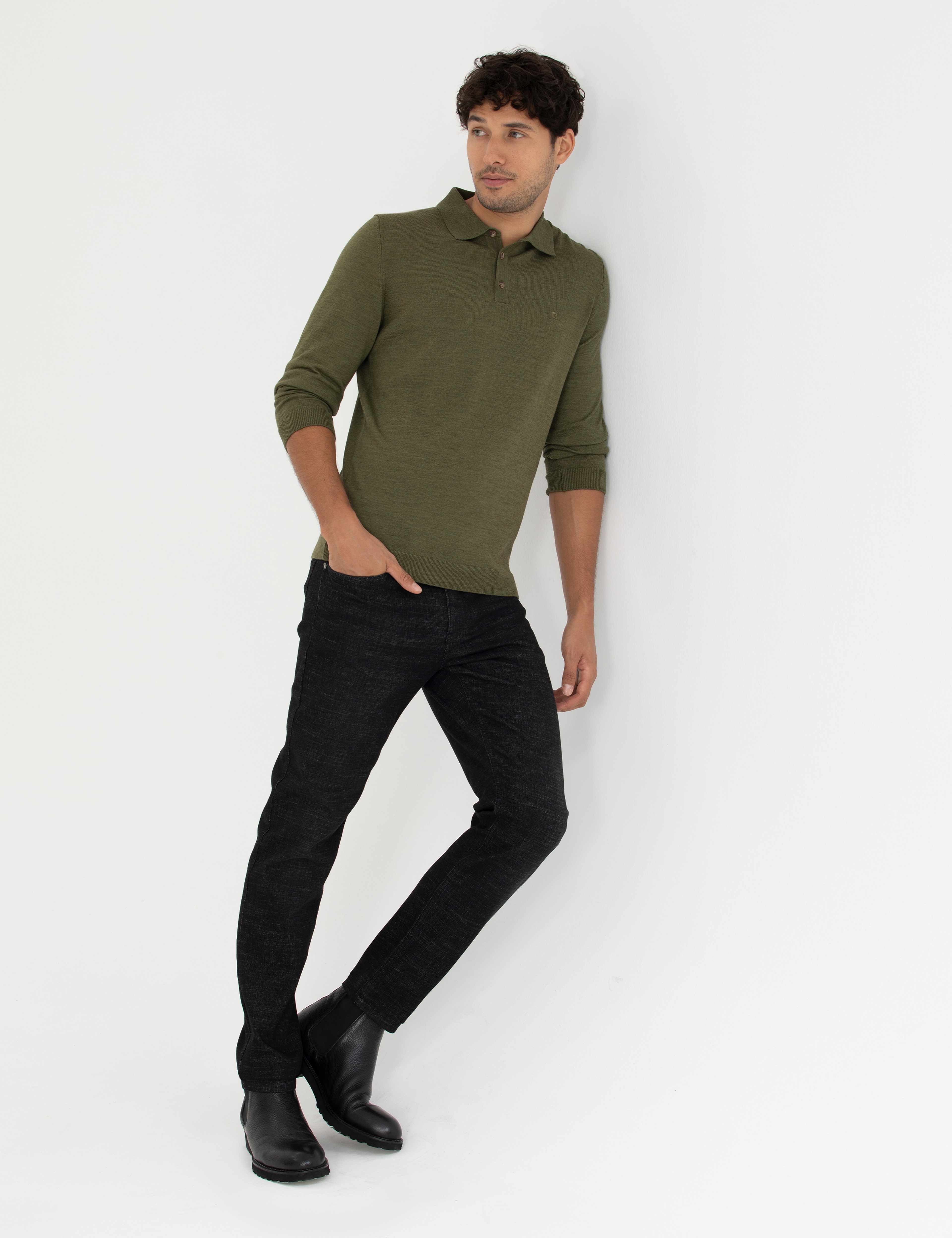 Açık Yeşil Regular Fit Polo Yaka Yün Karışımlı Basic Triko Kazak - Image 4
