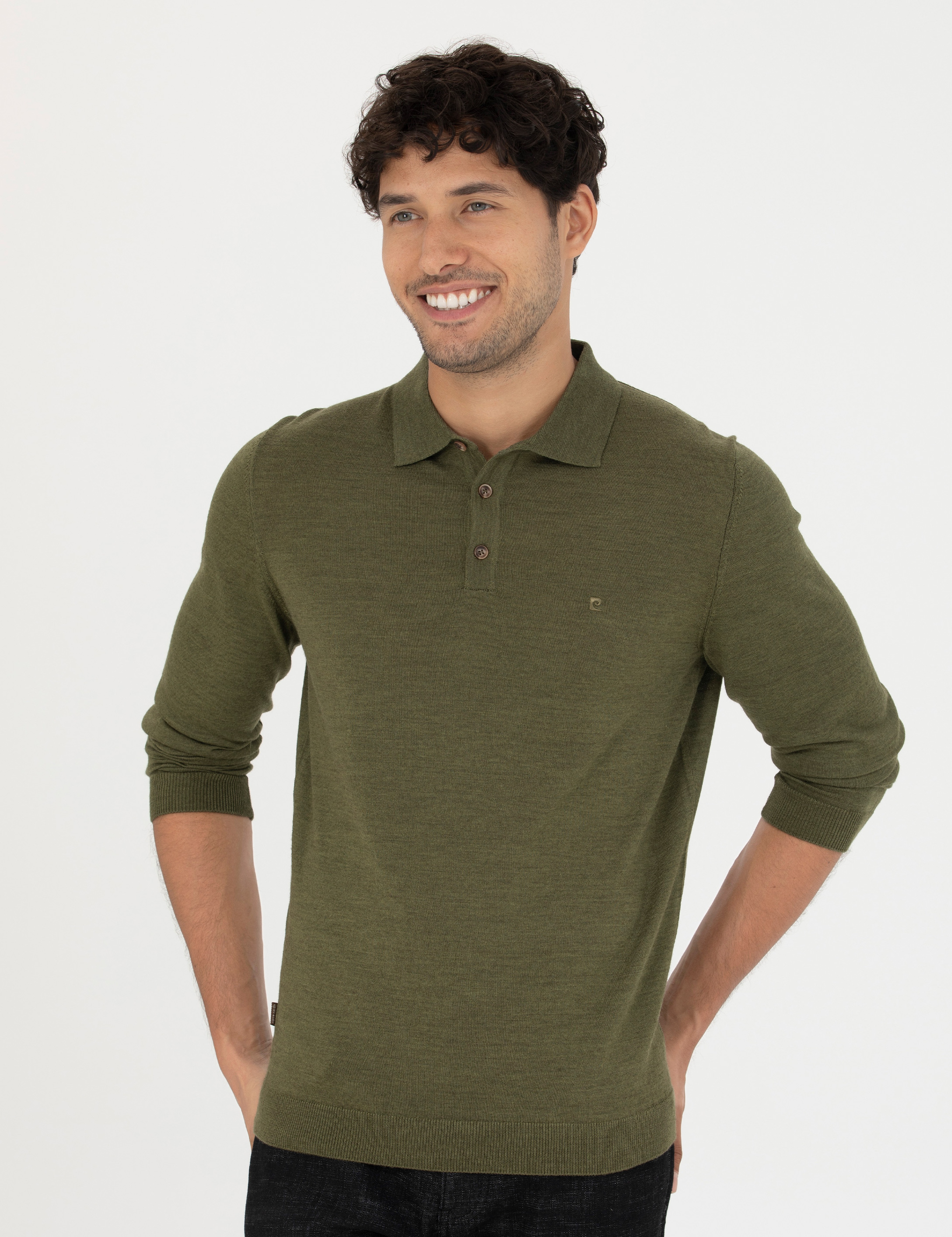 Açık Yeşil Regular Fit Polo Yaka Yün Karışımlı Basic Triko Kazak - Image 3