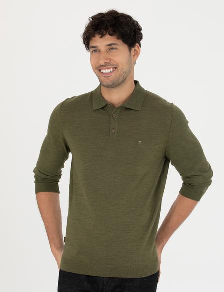 Açık Yeşil Regular Fit Polo Yaka Yün Karışımlı Basic Triko Kazak - 50270051063