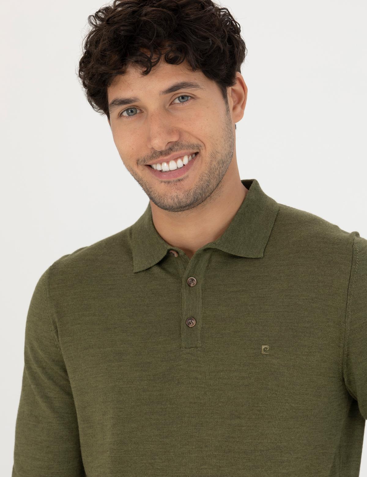 Açık Yeşil Regular Fit Polo Yaka Yün Karışımlı Basic Triko Kazak - 50270051063