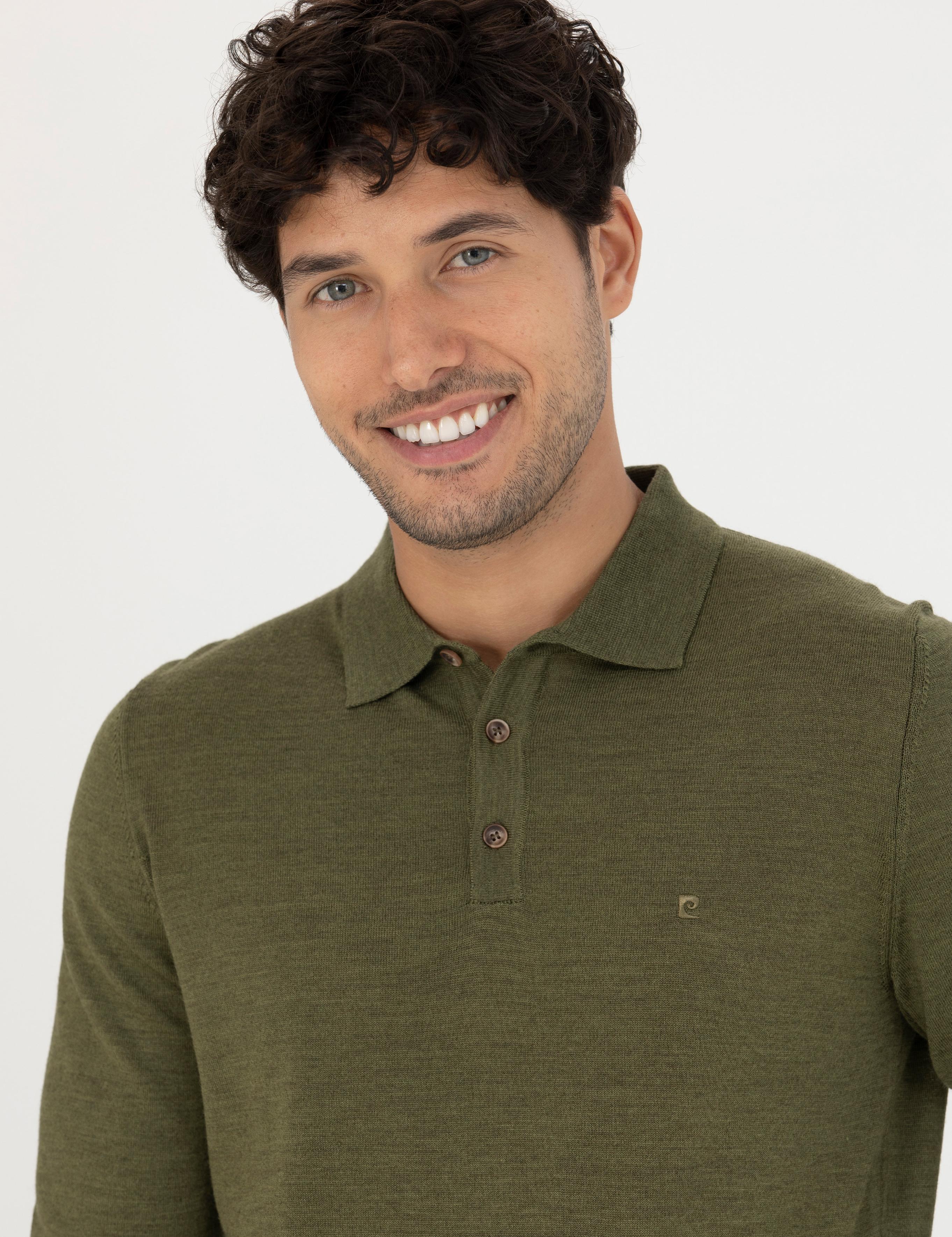 Açık Yeşil Regular Fit Polo Yaka Yün Karışımlı Basic Triko Kazak