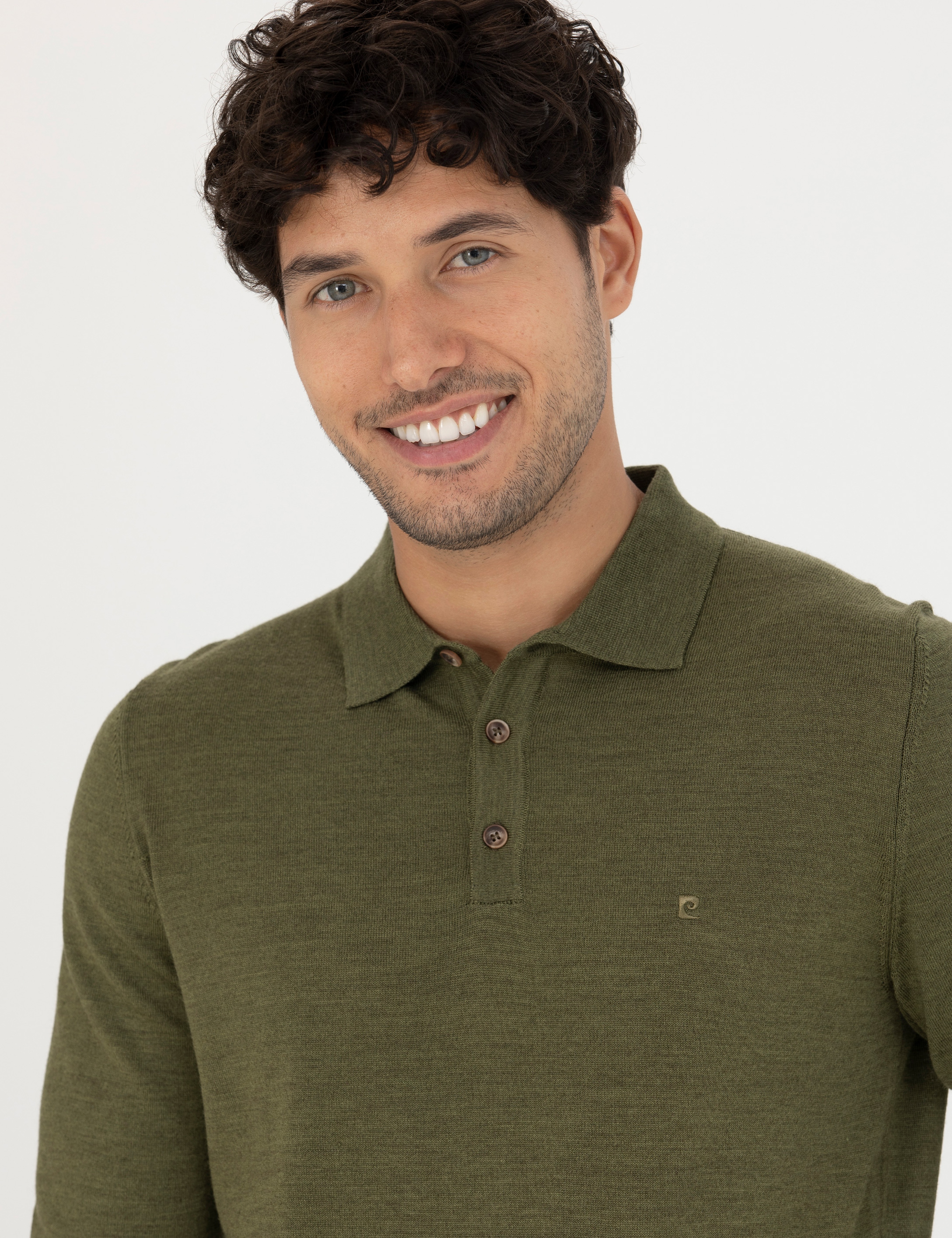 Açık Yeşil Regular Fit Polo Yaka Yün Karışımlı Basic Triko Kazak - Image 2