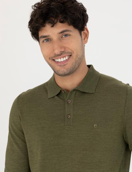 Açık Yeşil Regular Fit Polo Yaka Yün Karışımlı Basic Triko Kazak - 50270051063