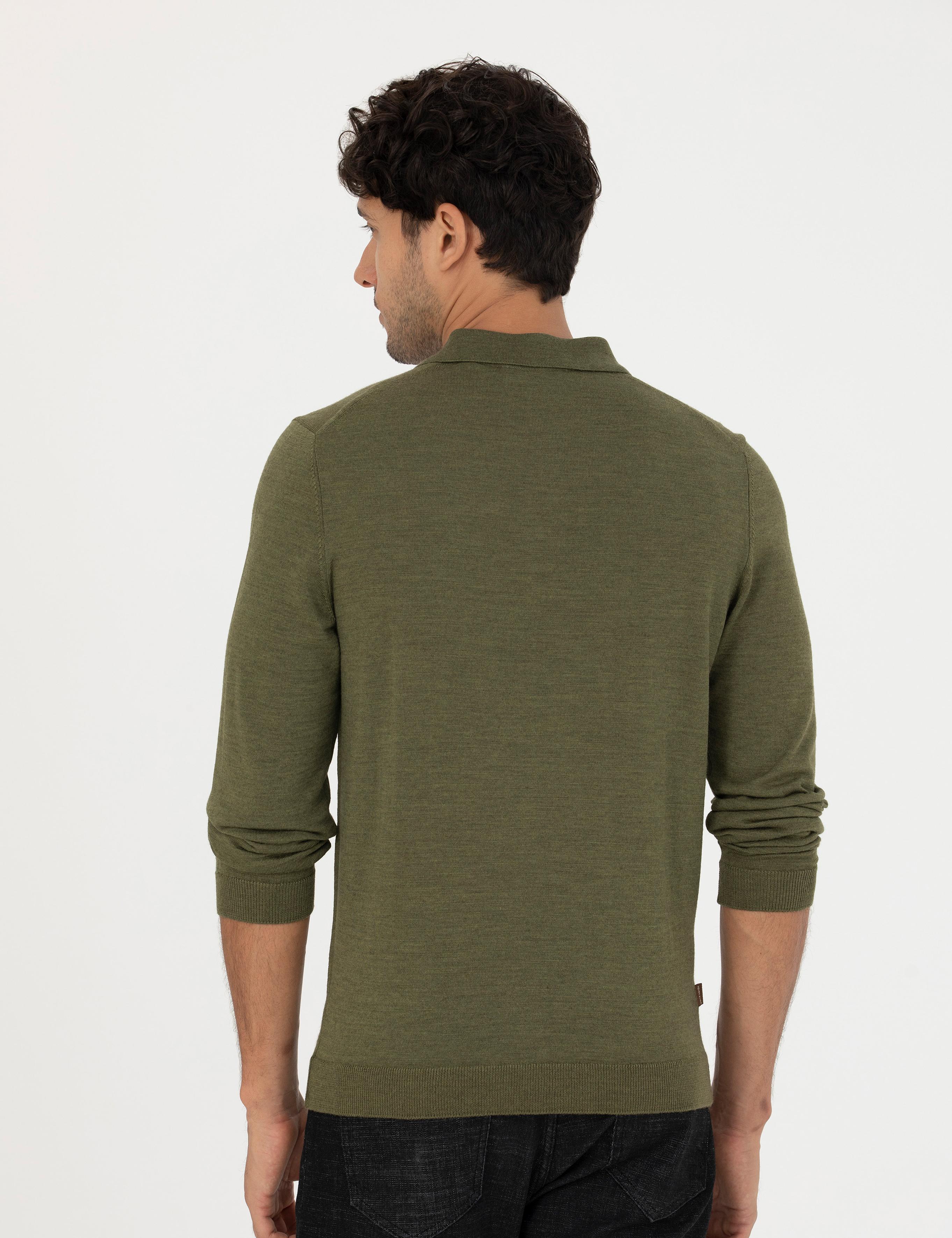 Açık Yeşil Regular Fit Polo Yaka Yün Karışımlı Basic Triko Kazak