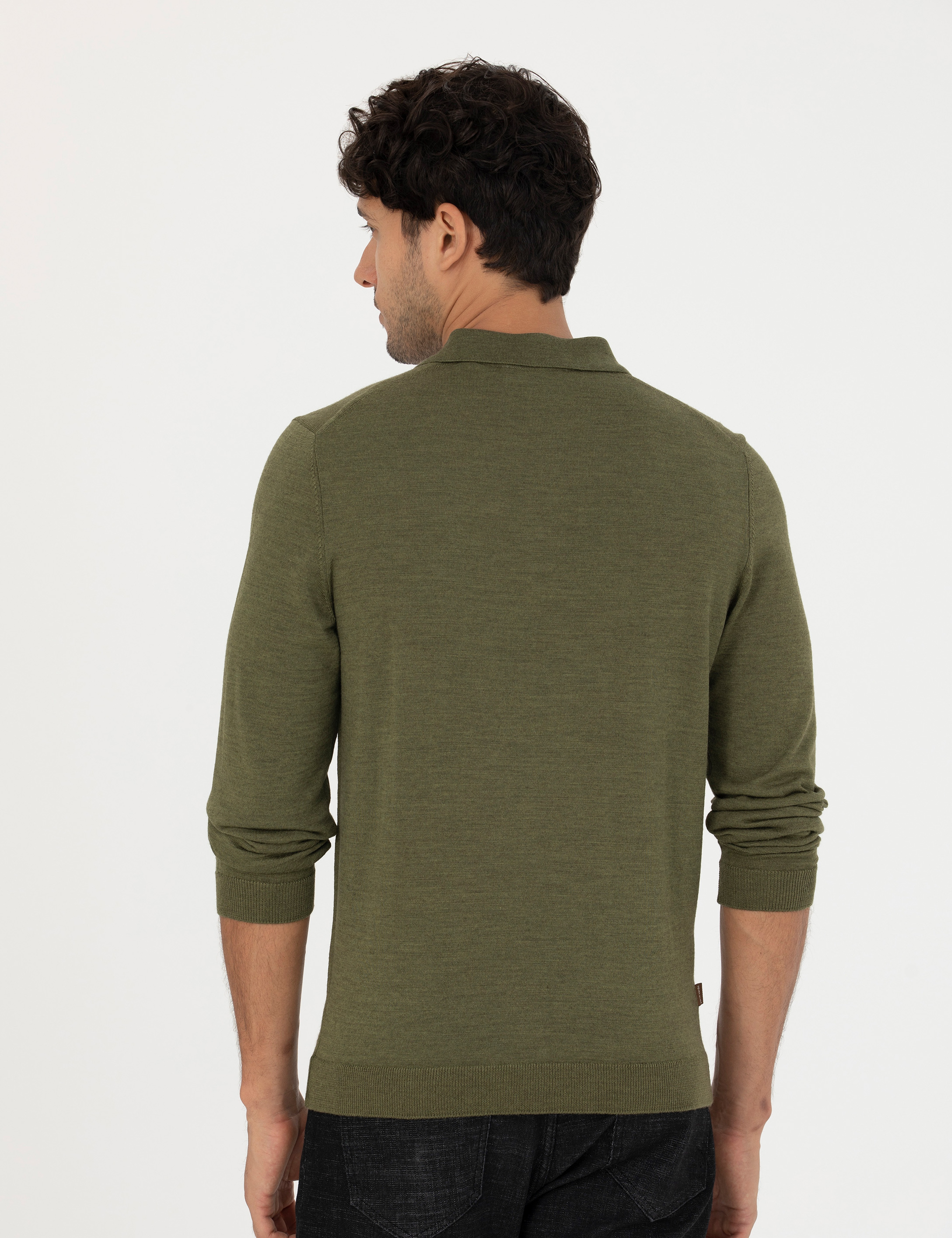 Açık Yeşil Regular Fit Polo Yaka Yün Karışımlı Basic Triko Kazak - Image 5