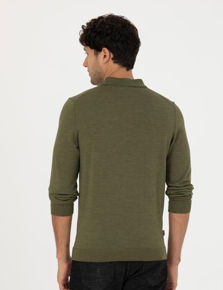 Açık Yeşil Regular Fit Polo Yaka Yün Karışımlı Basic Triko Kazak - 50270051063