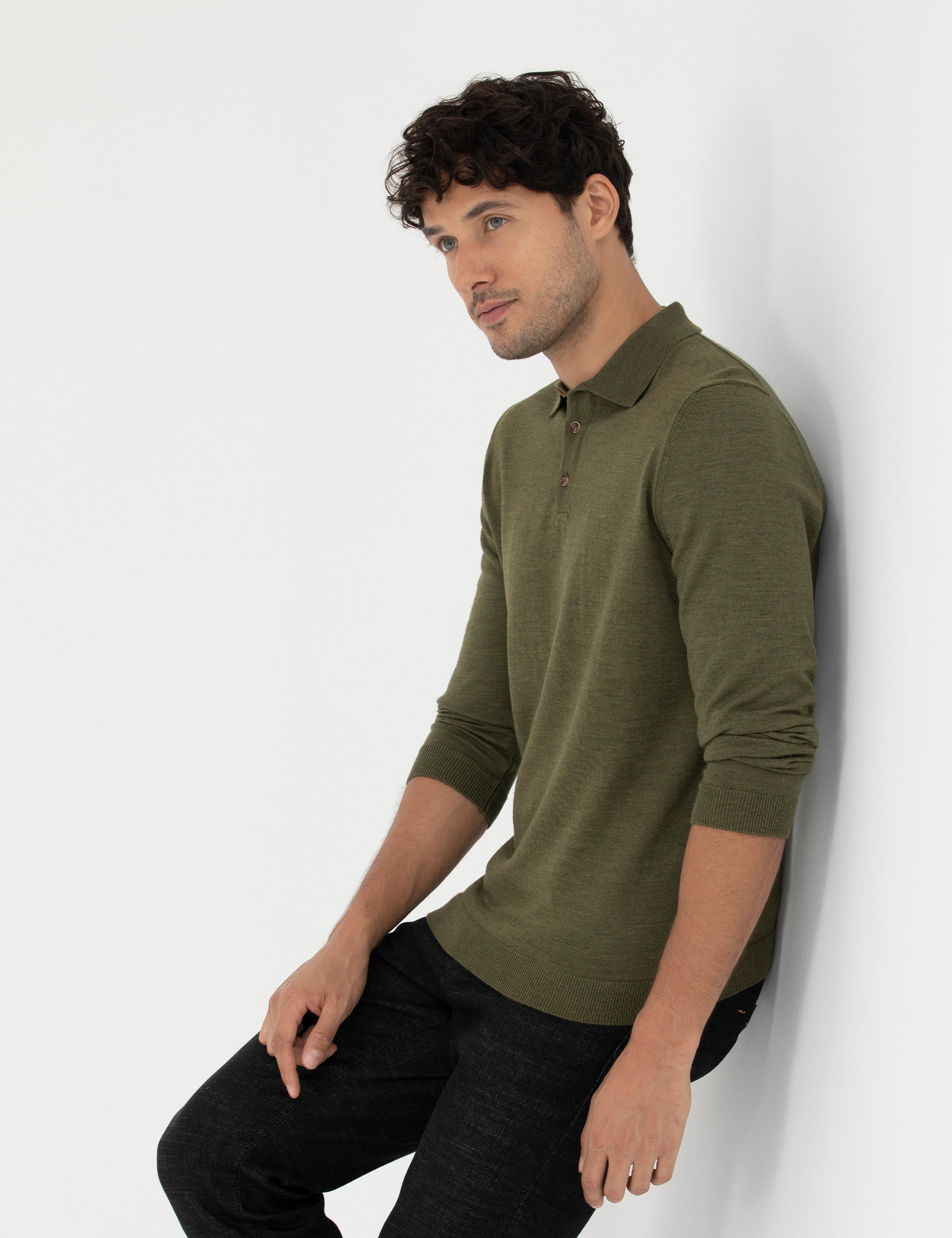 Açık Yeşil Regular Fit Polo Yaka Yün Karışımlı Basic Triko Kazak