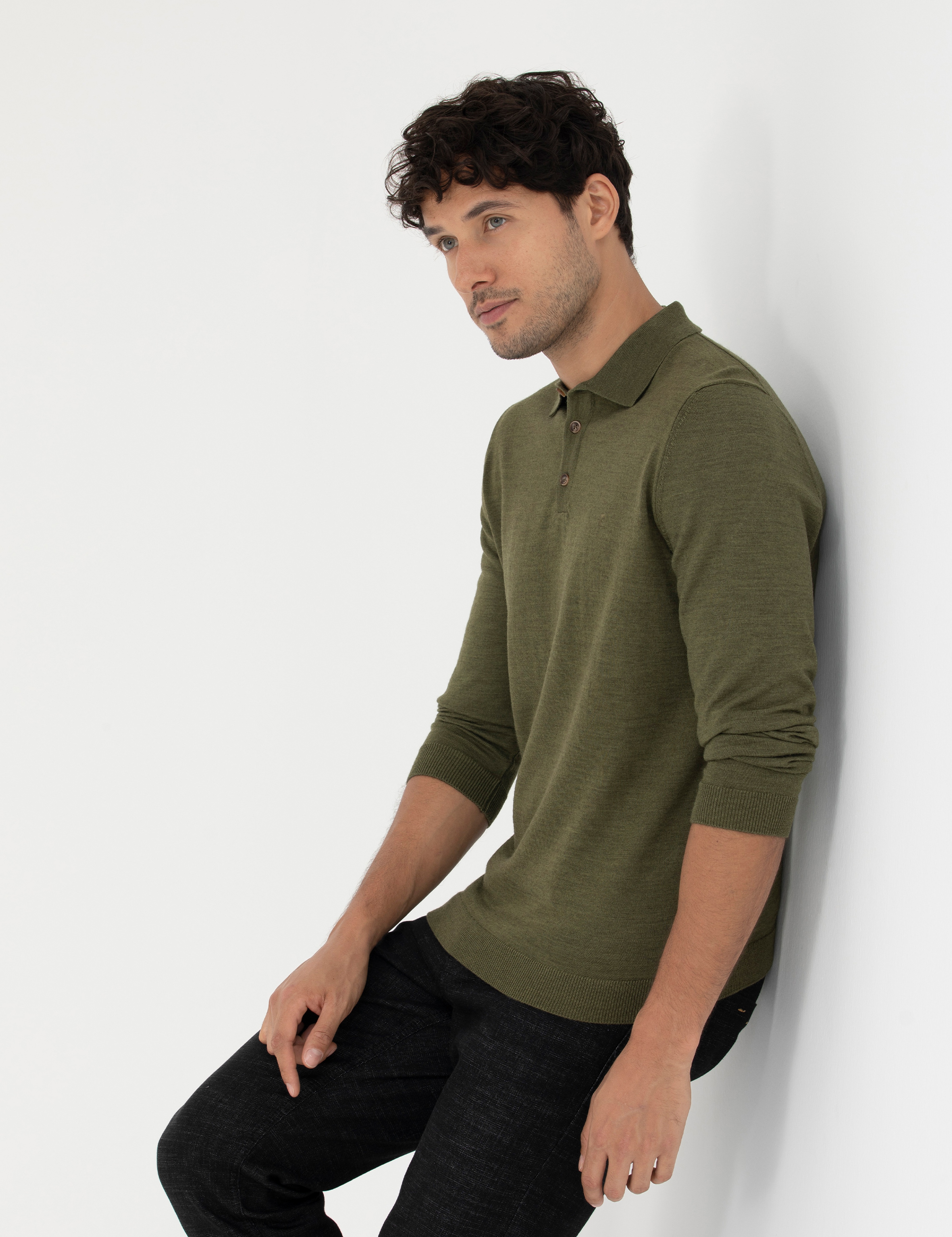 Açık Yeşil Regular Fit Polo Yaka Yün Karışımlı Basic Triko Kazak - Image 1