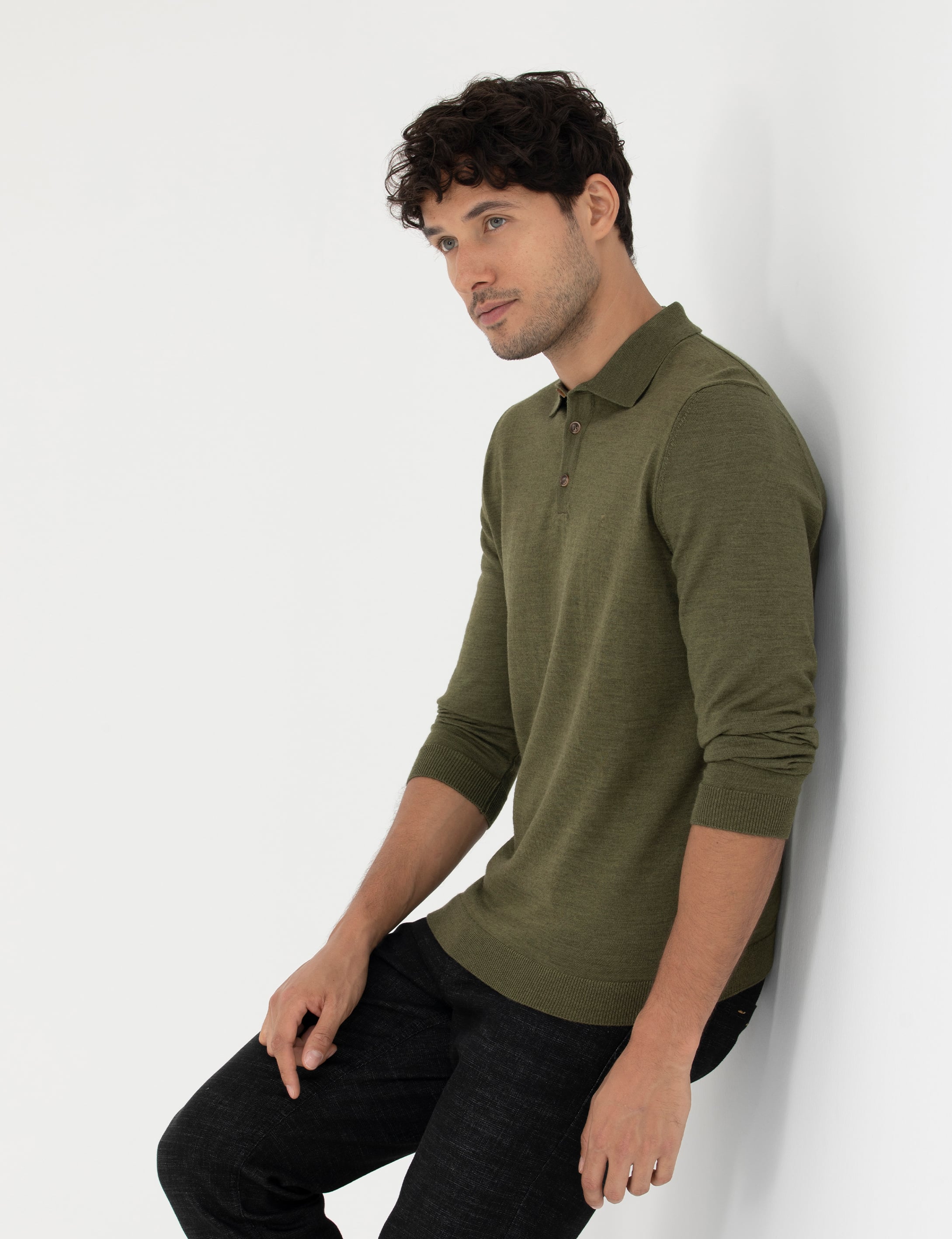 Açık Yeşil Regular Fit Polo Yaka Yün Karışımlı Basic Triko Kazak