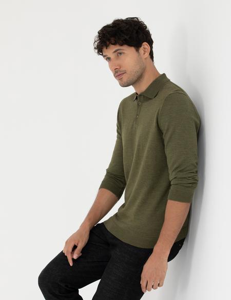 Açık Yeşil Regular Fit Polo Yaka Yün Karışımlı Basic Triko Kazak - 50270051063