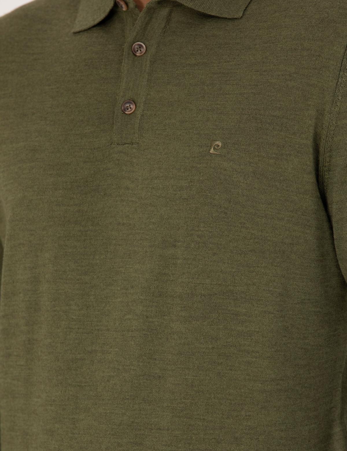 Açık Yeşil Regular Fit Polo Yaka Yün Karışımlı Basic Triko Kazak - 50270051063